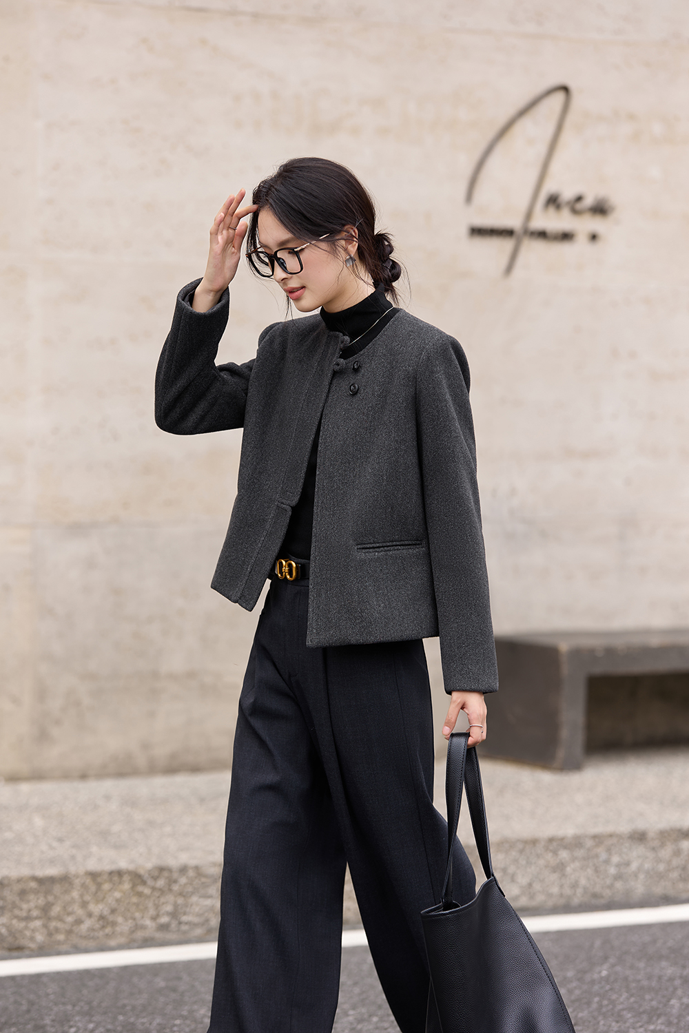 Grey French-Style Crewneck Wool Blend Coat