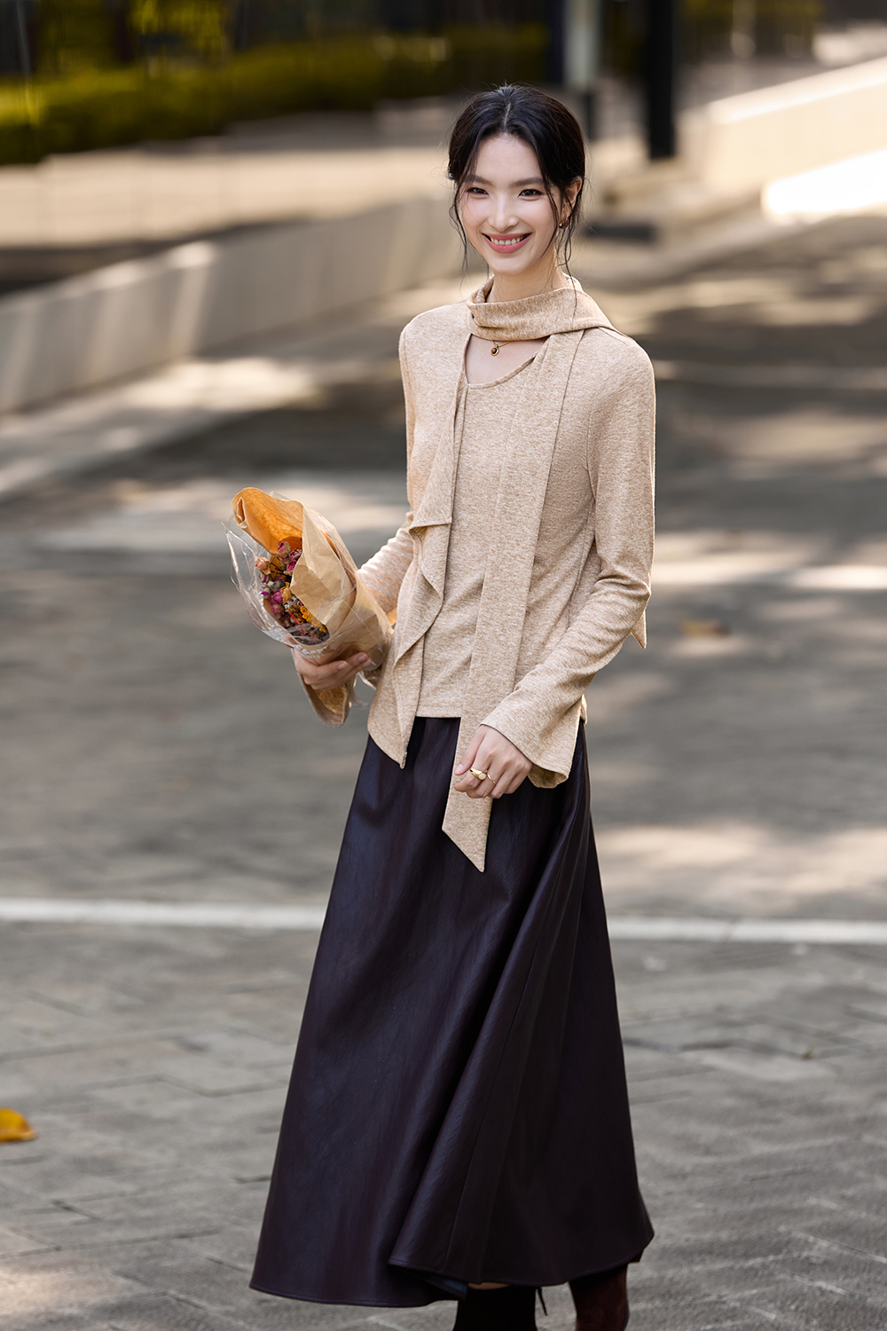 Asymmetric Ruffled Streamer Long-Sleeve T-Shirt