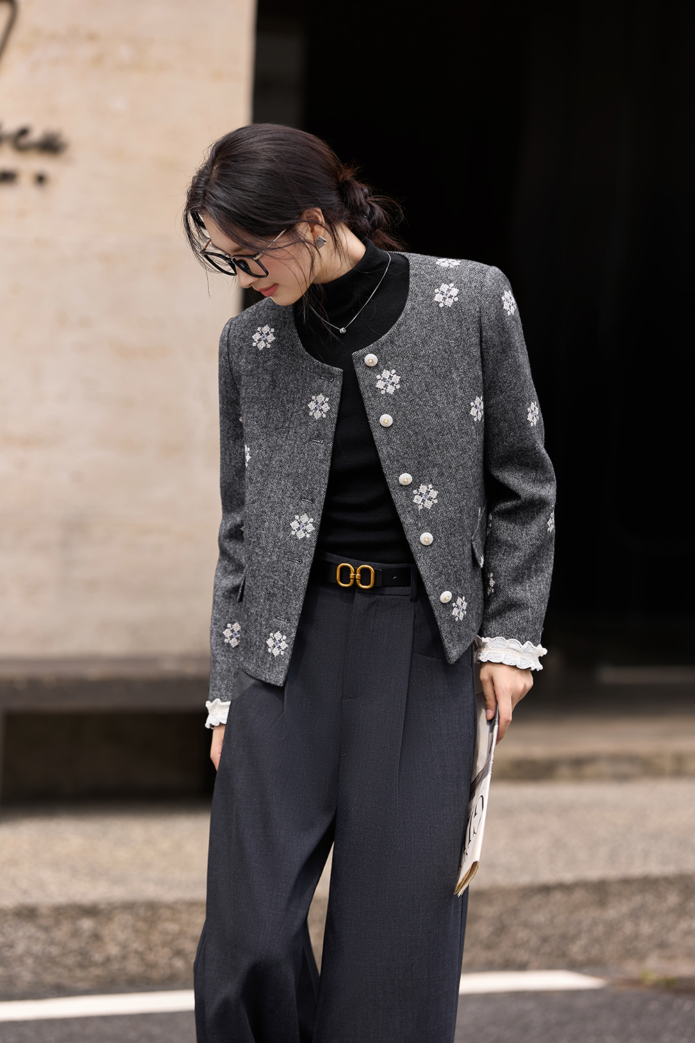 Heather Grey Embroidered Shorts & Jacket Set