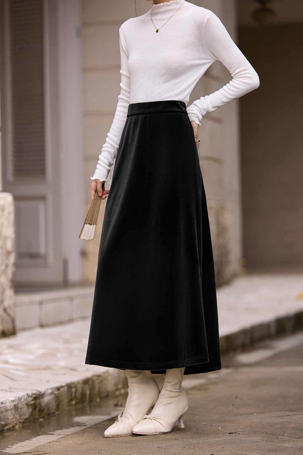Brown French-Style Knitted Velvet Midi Skirt