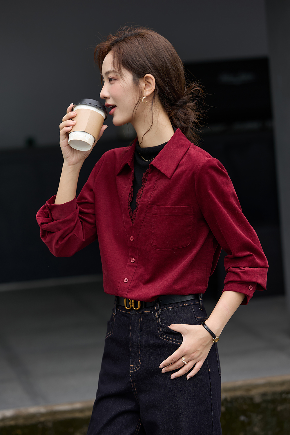 Red-Black French-Style Layered-Look Long-Sleeve Shirt