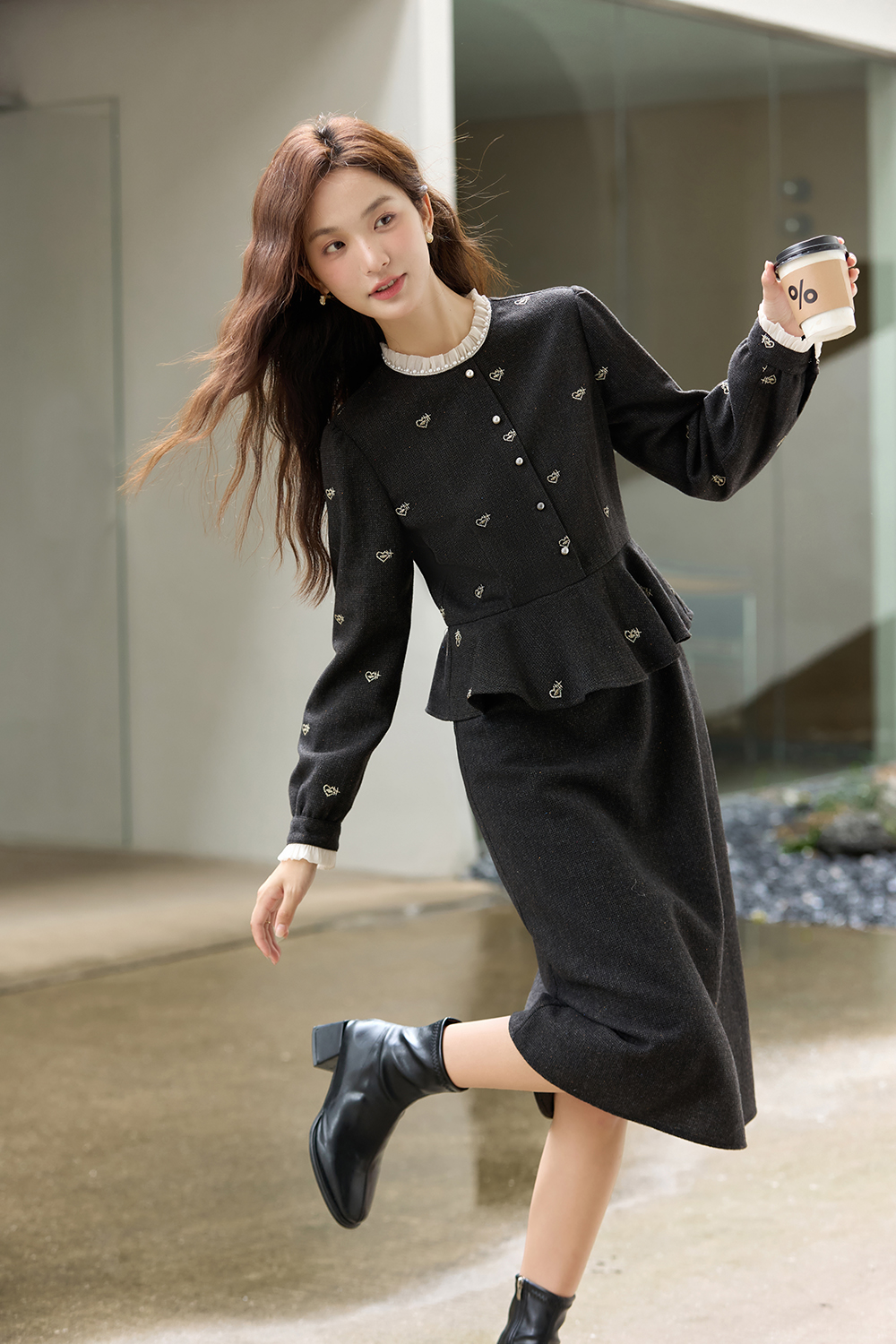 Grey Layered-Look Crewneck Dress