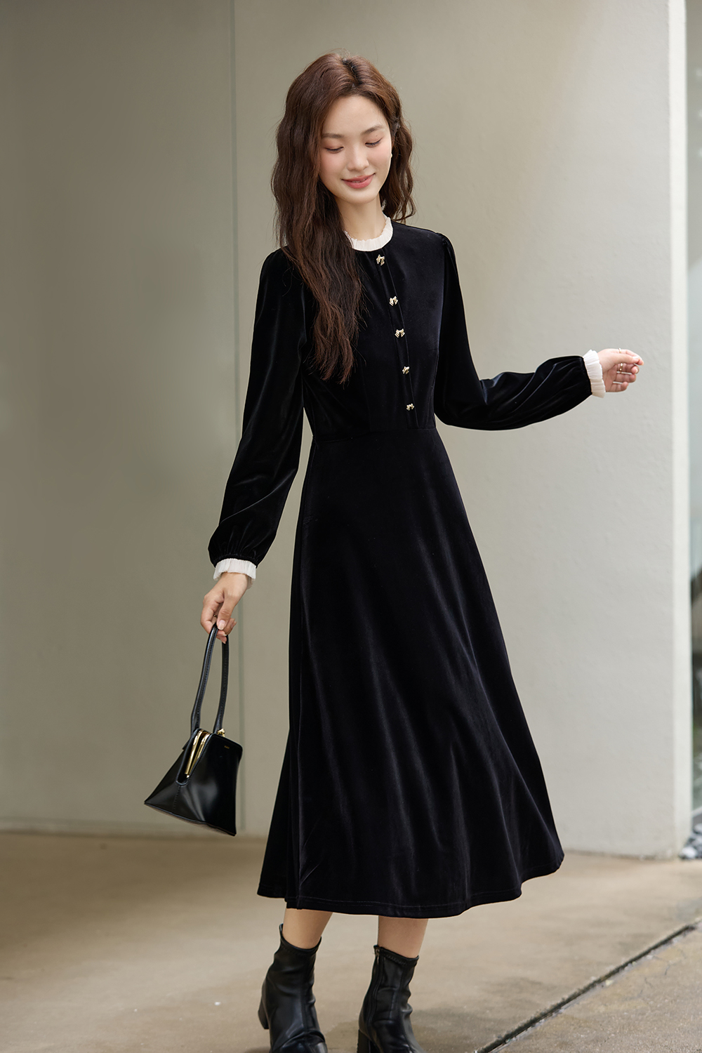 French-Style Velvet A-Line Dress