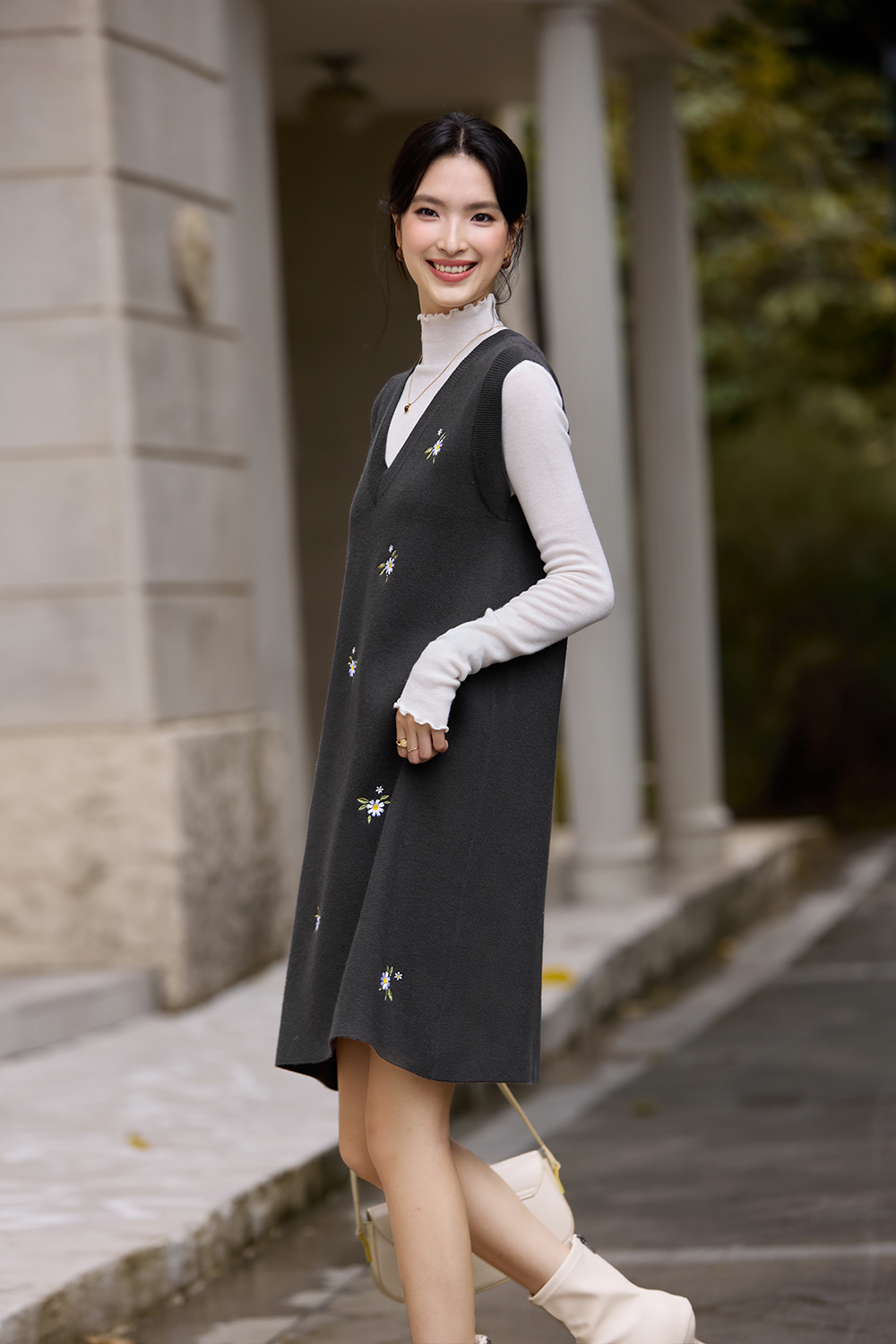 V-Neck Embroidered Vest Dress