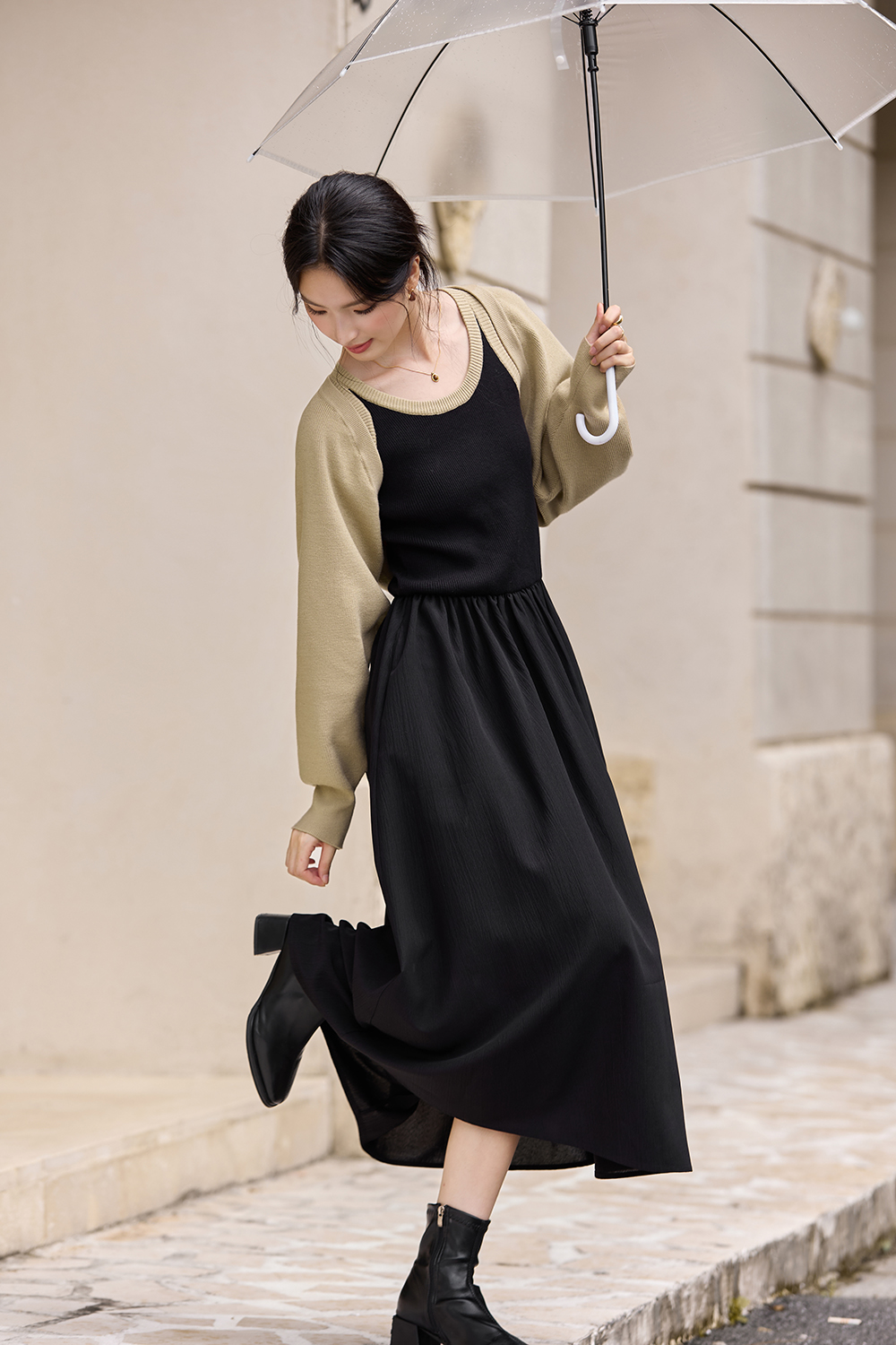 Black-Khaki Vest Dress Set