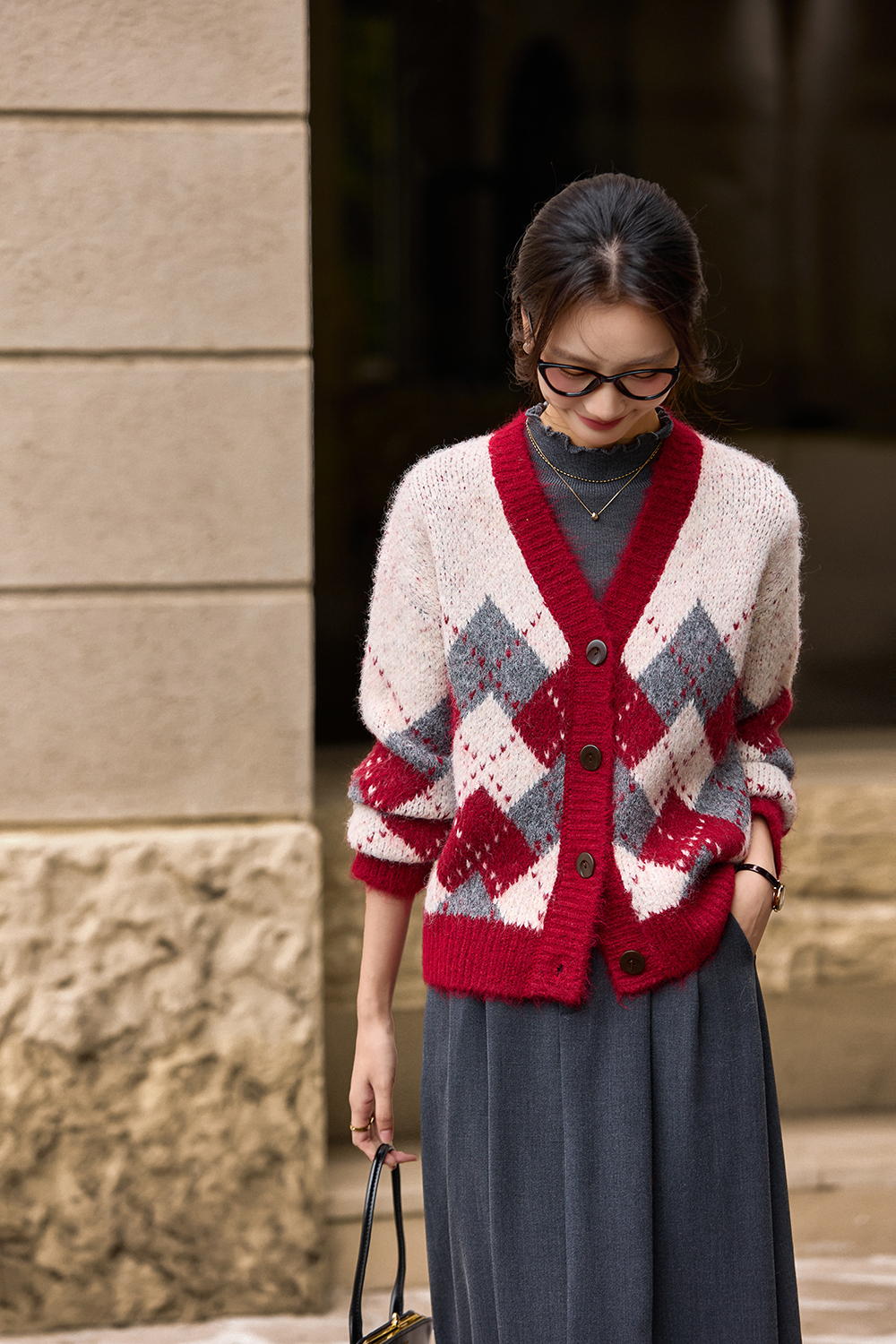 Vintage Diamond-Pattern Cardigan