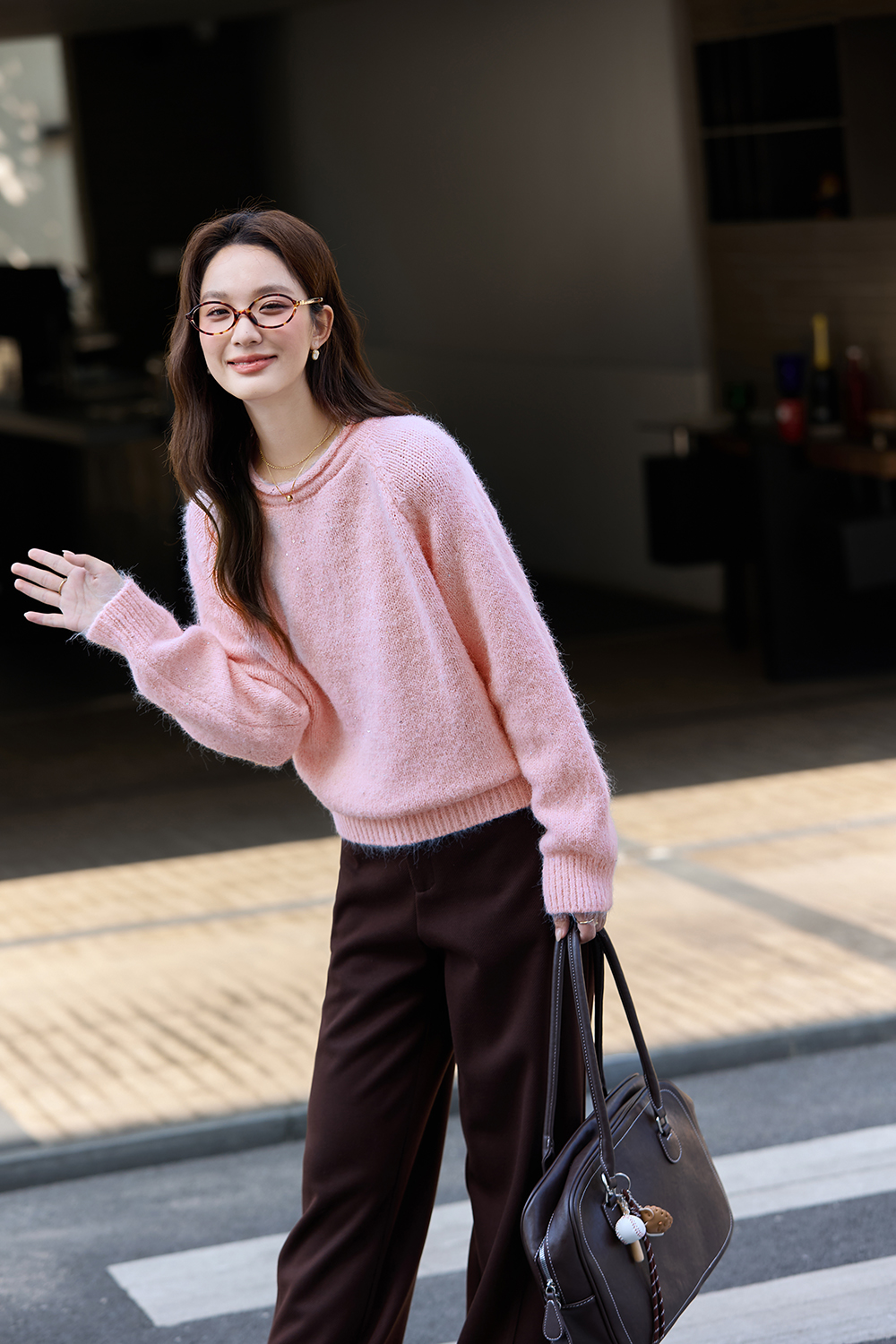 Pink fine - shimmer crew - neck sweater