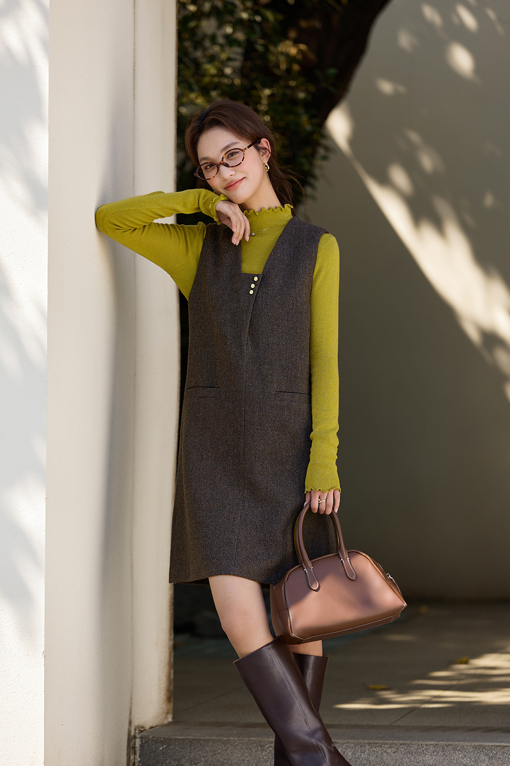 Floral Coffee - colored Sleeveless Woolen Vest Dress