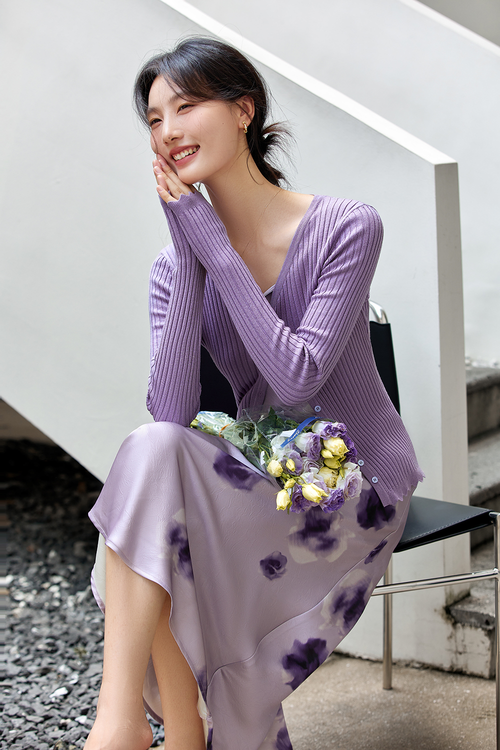 Purple slim knit cardigan printed skirt with suspenders-VIMLYSTORE