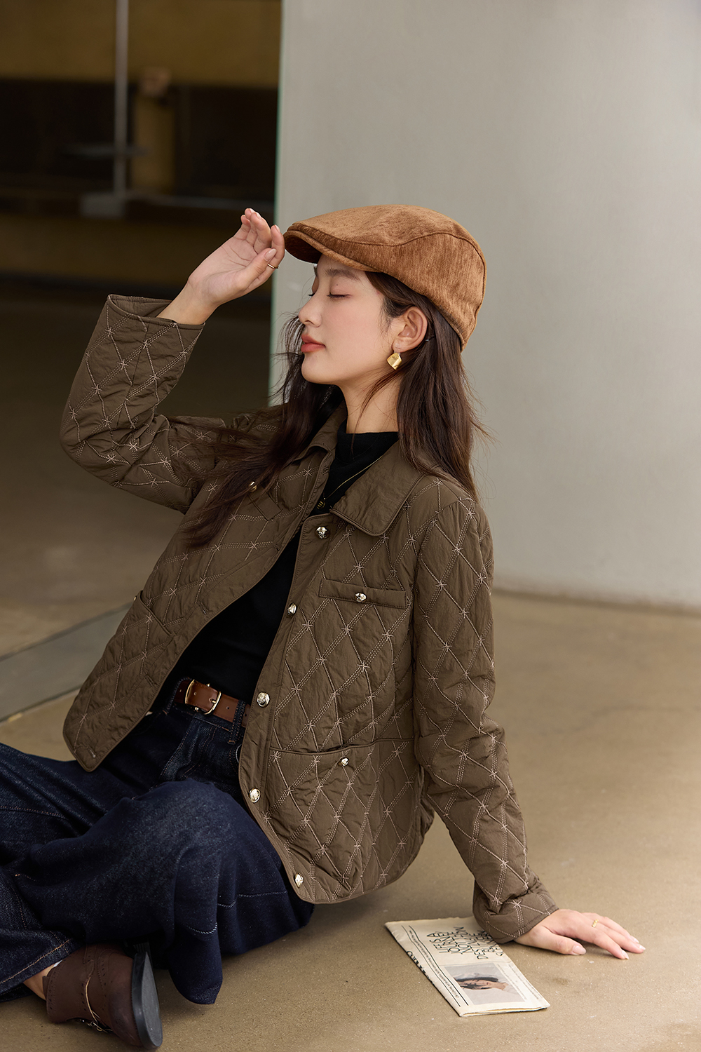 Vintage Diamond Grid Cropped Puffer Coat