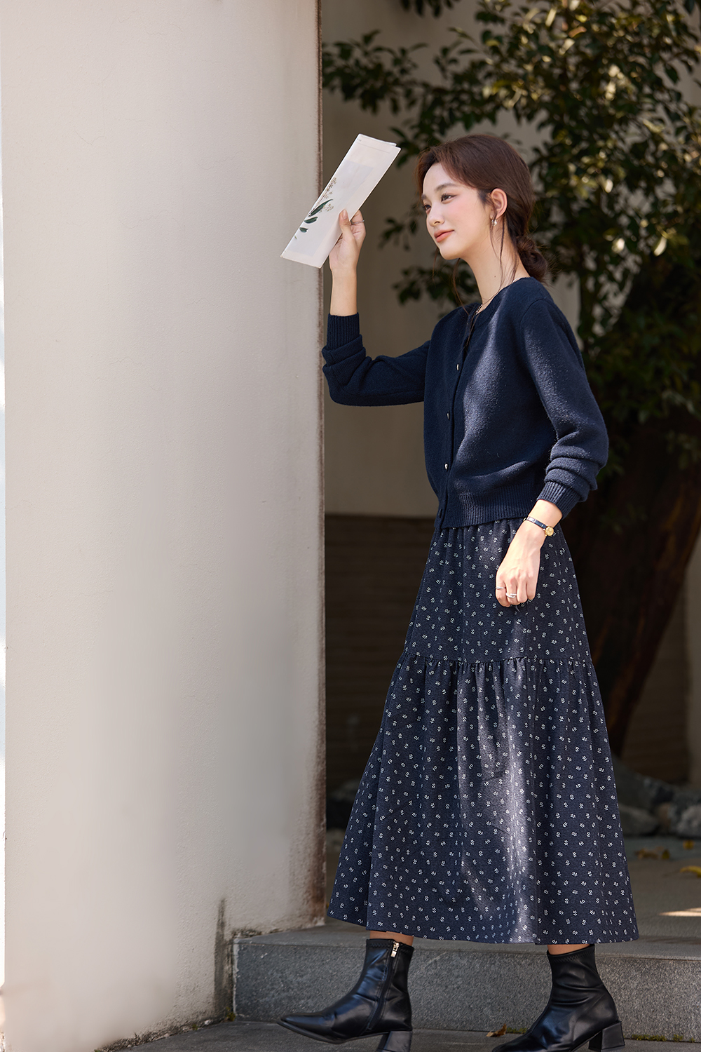Navy blue cardigan floral dress set