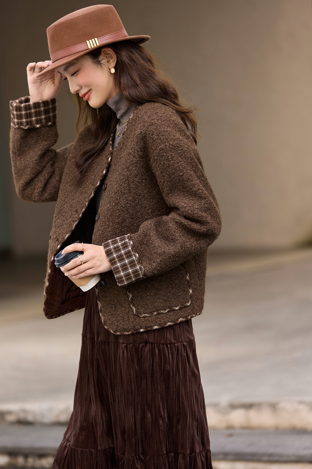 Color - block checkered woolen coat