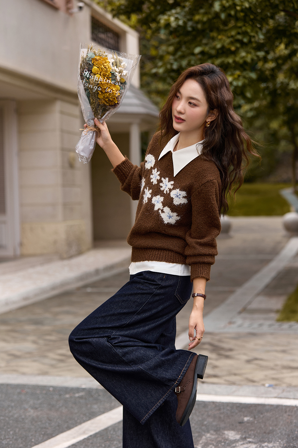 Blue jacquard crew - neck sweater