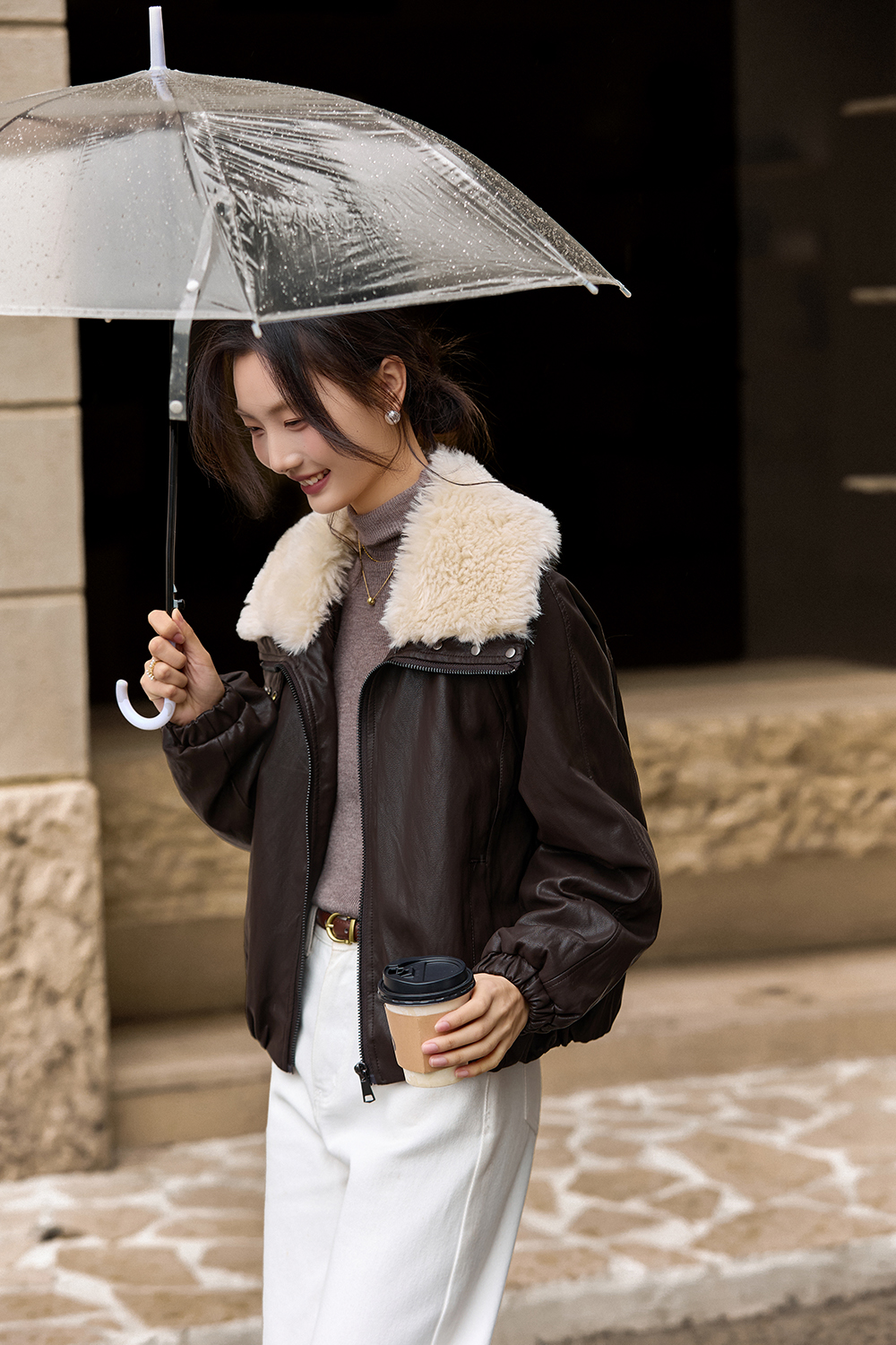 Fur - collared leather jacket