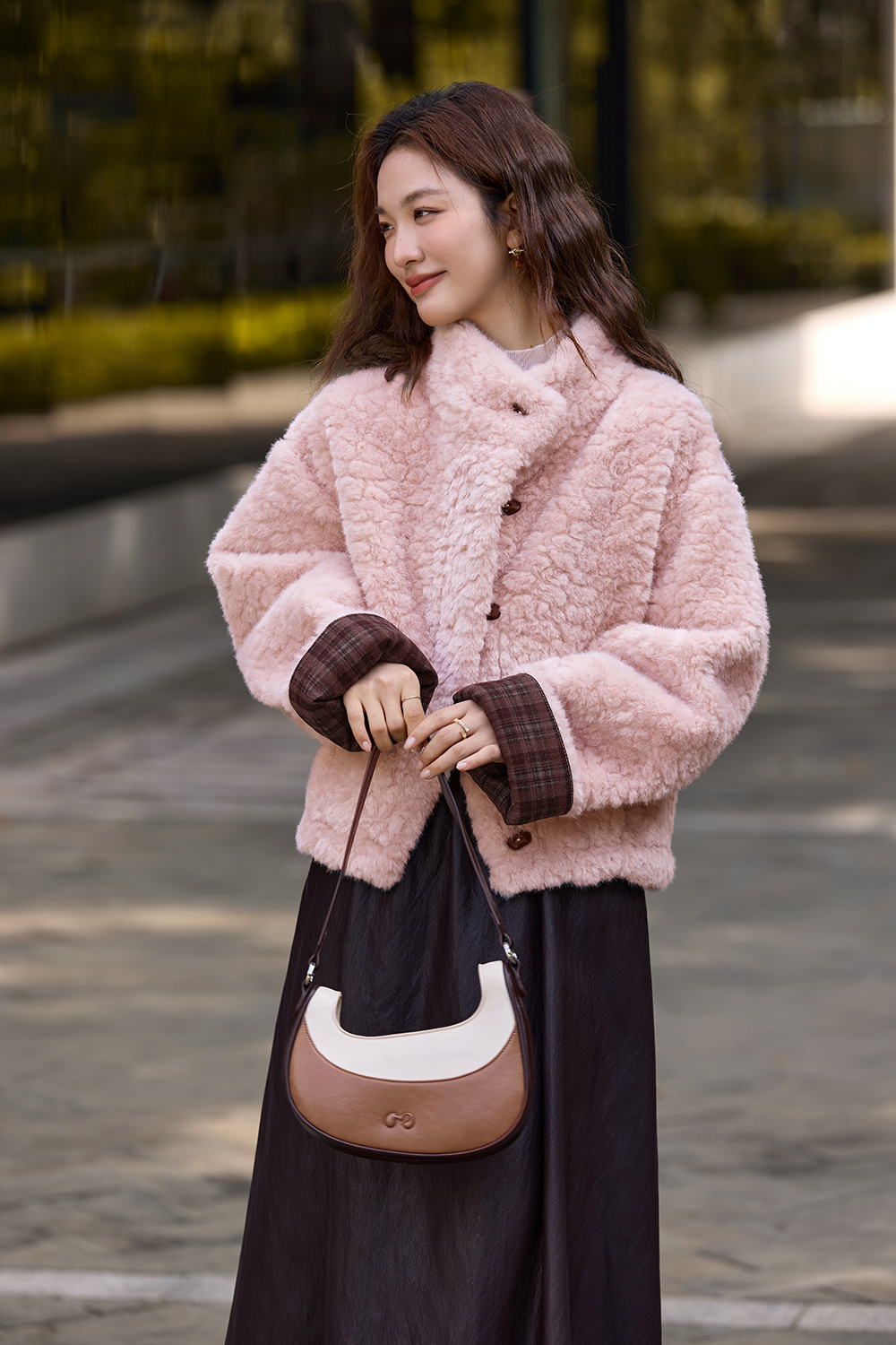 Pink fur - lined stand - collar plush coat