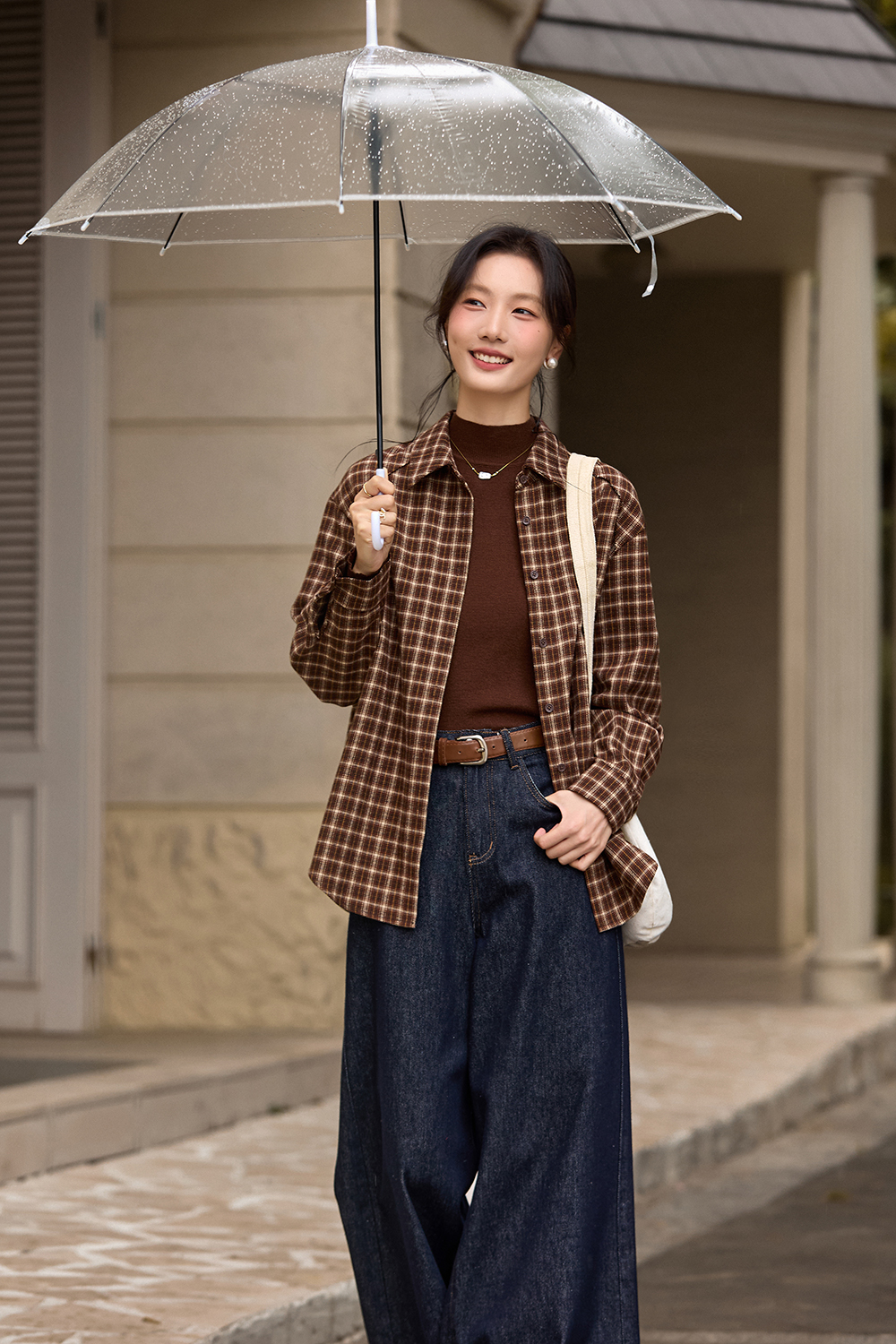 Brown Lapel Checkered Shirt