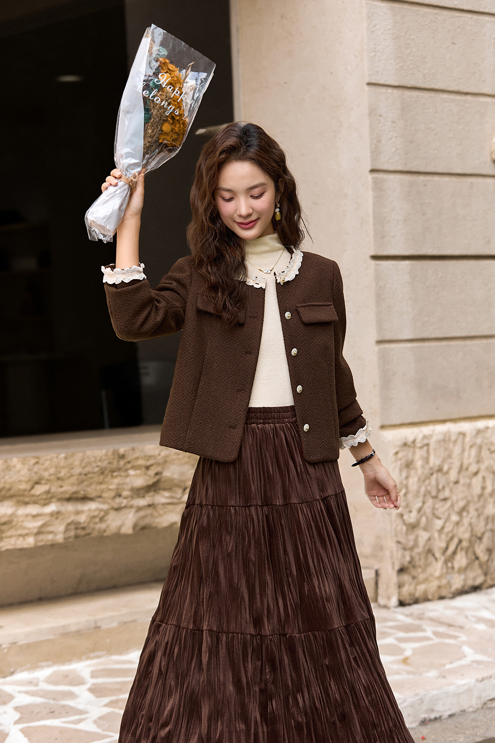 Coffee Color Patchwork Lace Coat