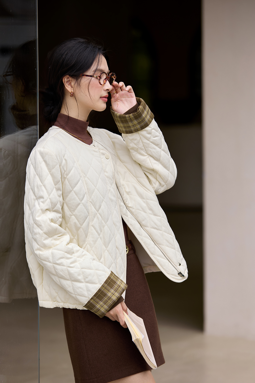 Quilted color-block short cotton-padded jacket