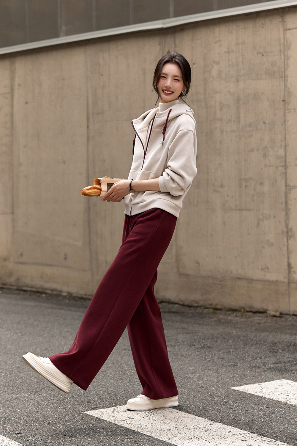 Apricot-red casual sports hoodie set