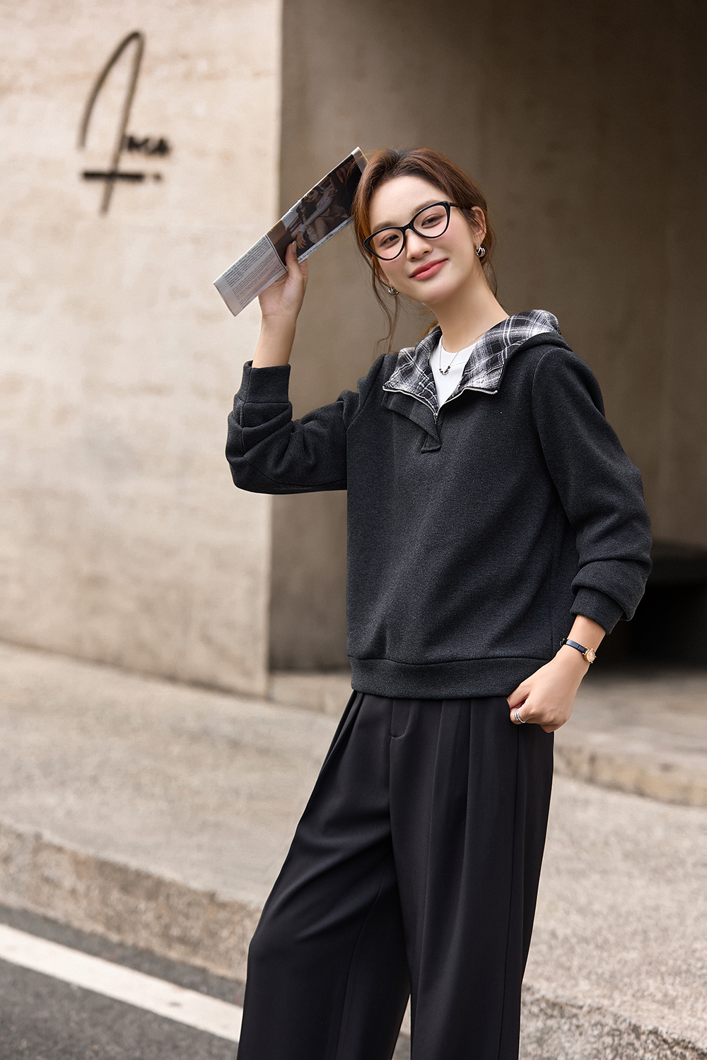 Patchwork plaid fleece-lined hoodie