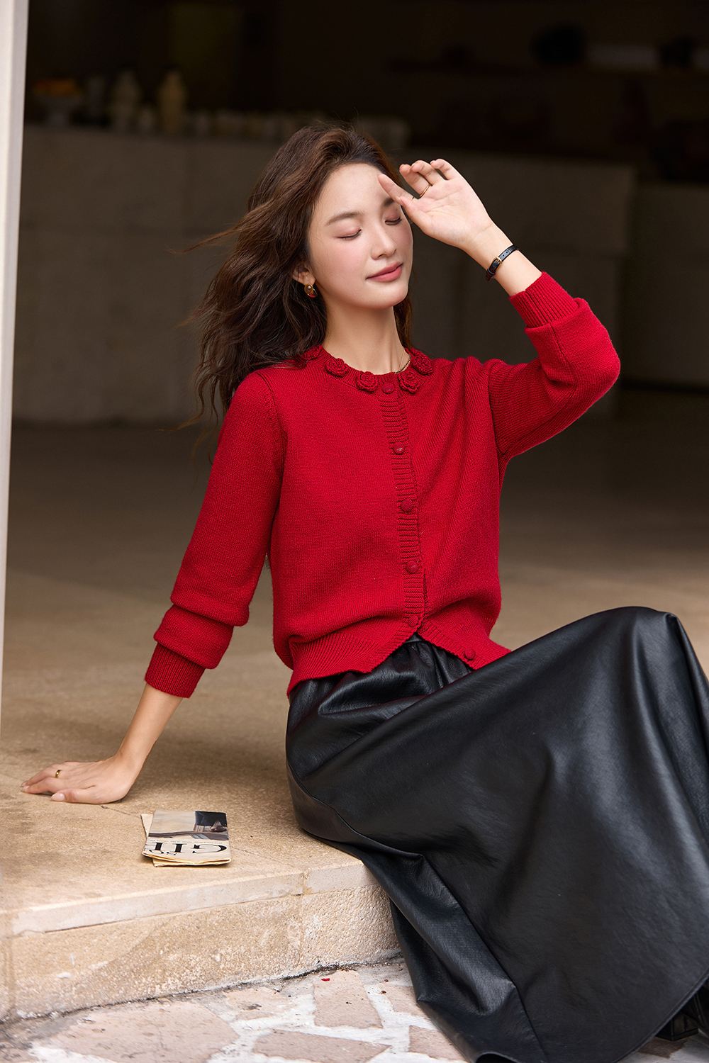 Y2K red three-dimensional crochet cardigan