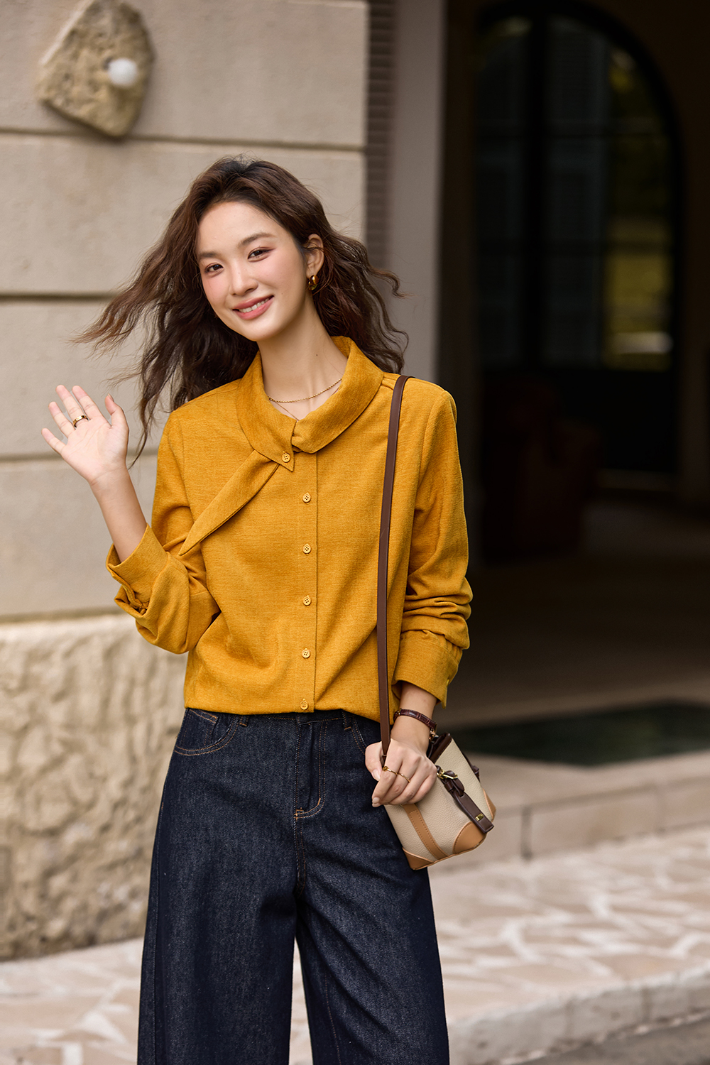 French scarf collar shirt