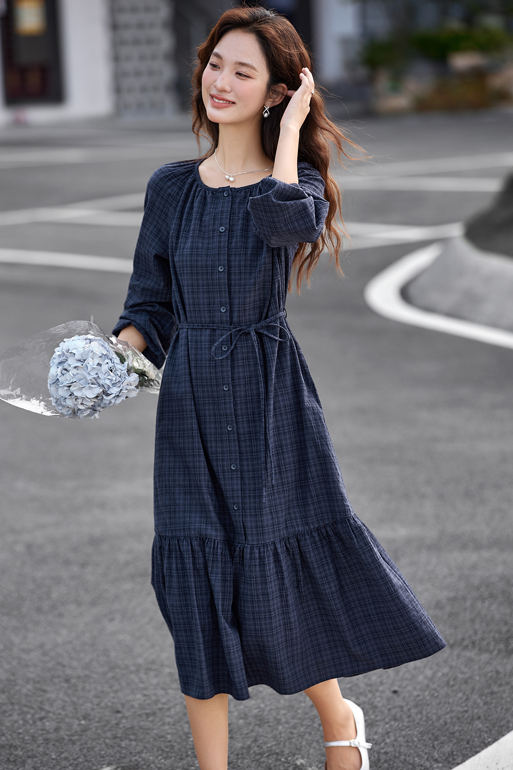 Blue Mori Check Slim Dress-VIMLYSTORE