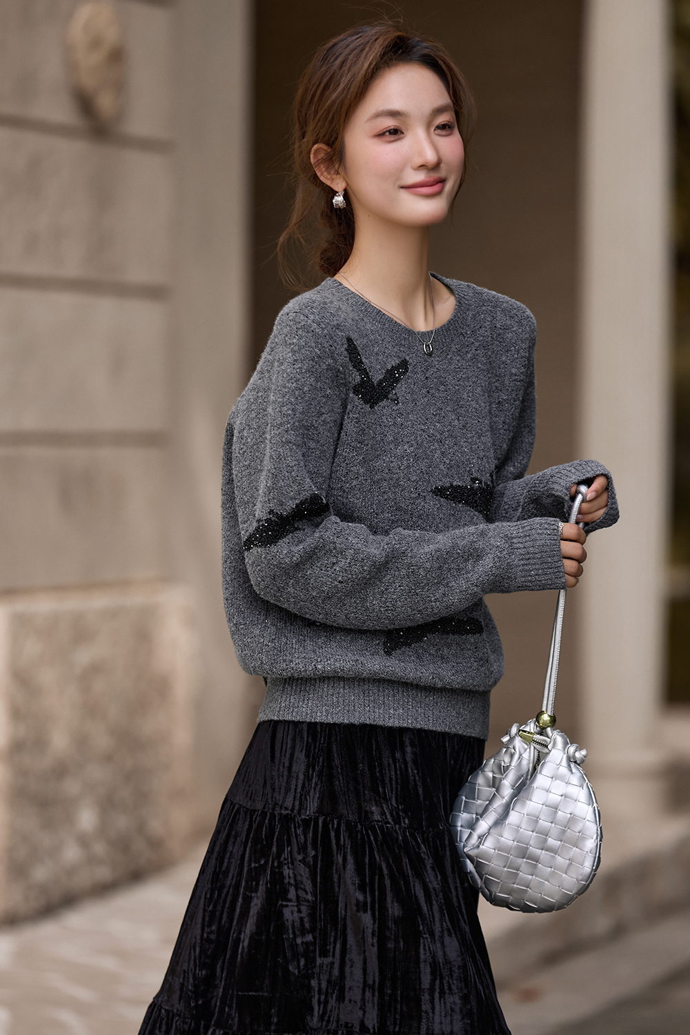 Butterfly jacquard crew neck sweater