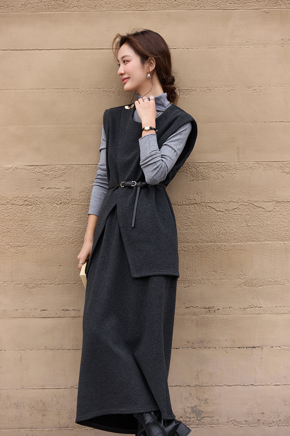 Grey waist-cinching elegant three-piece set