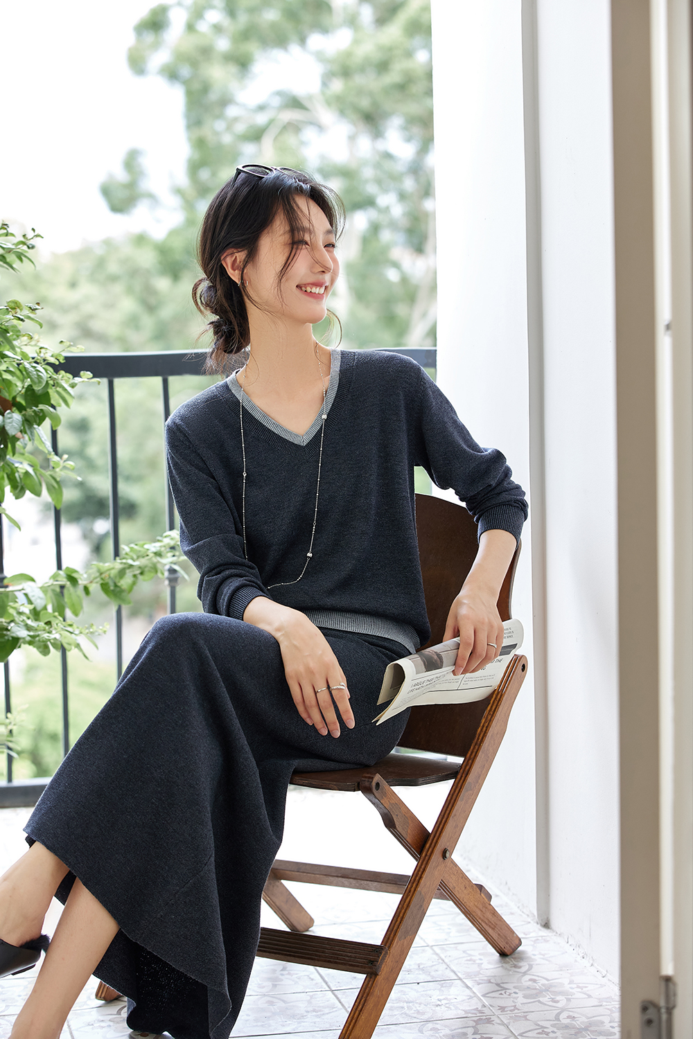 Lazy Chic V-Neck Knit Top & A-Line Skirt Set-VIMLYSTORE