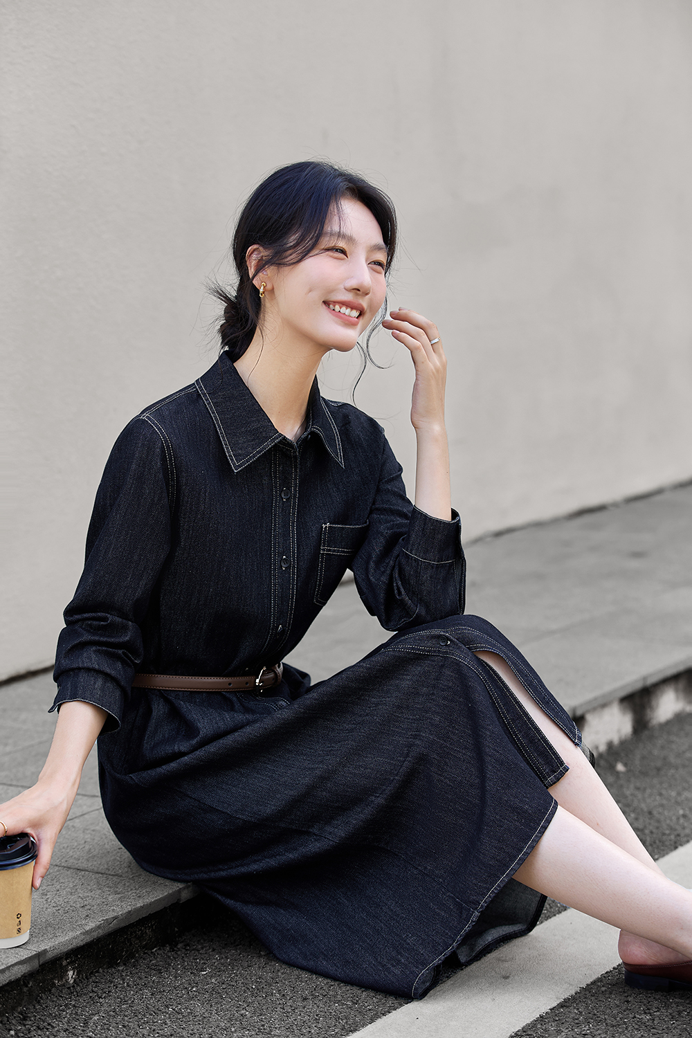 Denim Shirt Dress with Contrast Topstitching-VIMLYSTORE