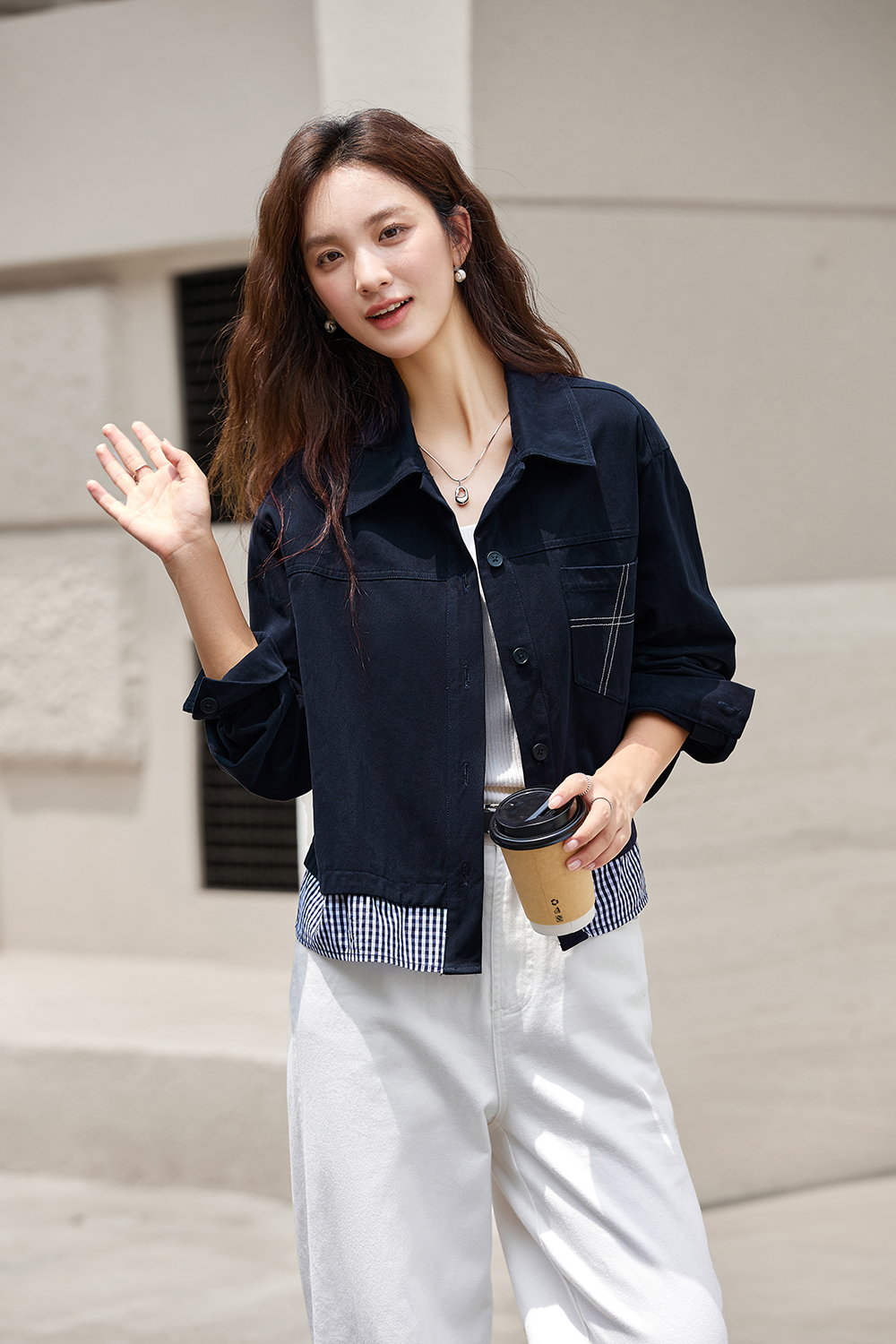 Navy & Stripe Faux Two-Layer Fashion Shirt-VIMLYSTORE