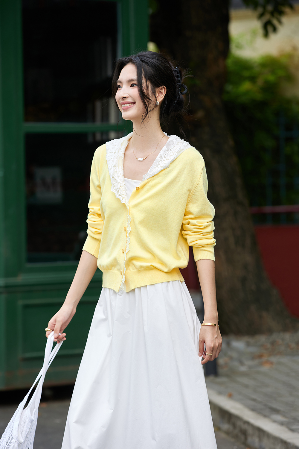 Yellow lace hooded knitted cardigan sweater coat-VIMLYSTORE