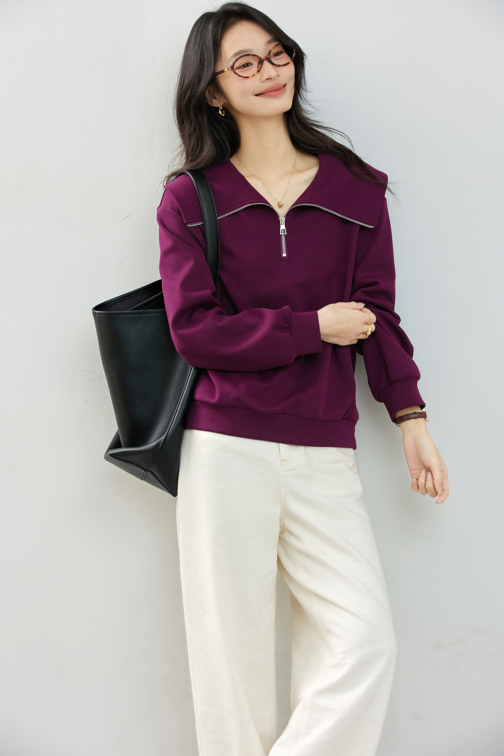 Temperament navy collar casual loose slim long sleeve sweater-VIMLYSTORE