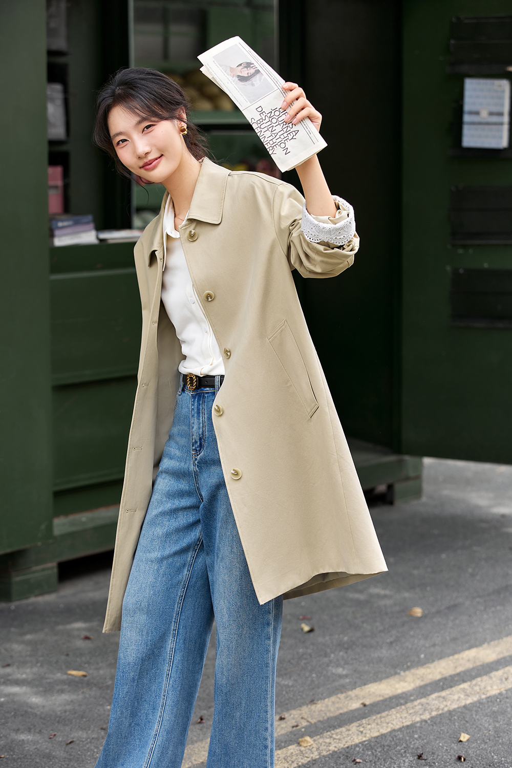 Lace-Cuff Trench Coat with Structured Silhouette-VIMLYSTORE