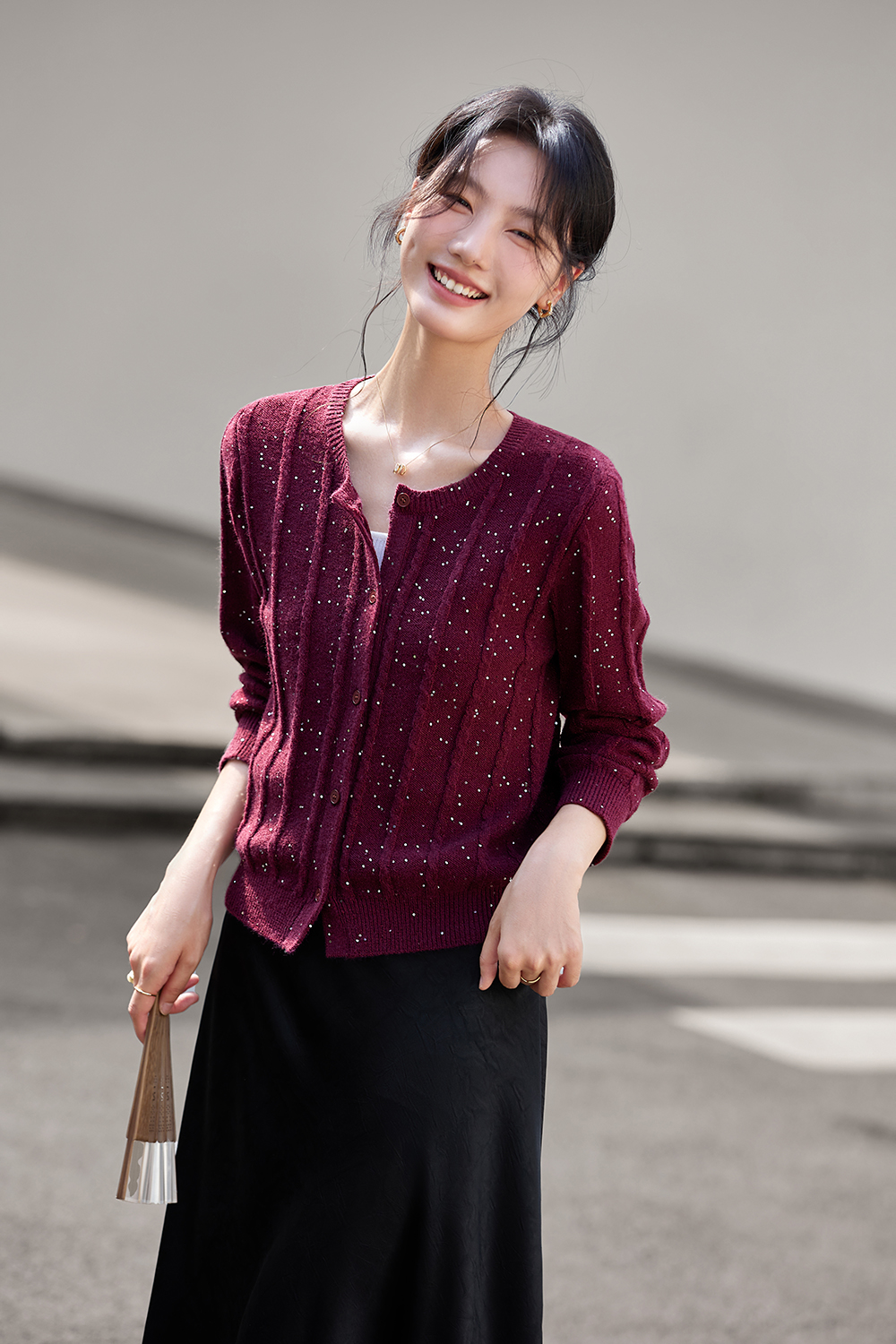 Sequin-Embellished Cable-Knit Cardigan-VIMLYSTORE