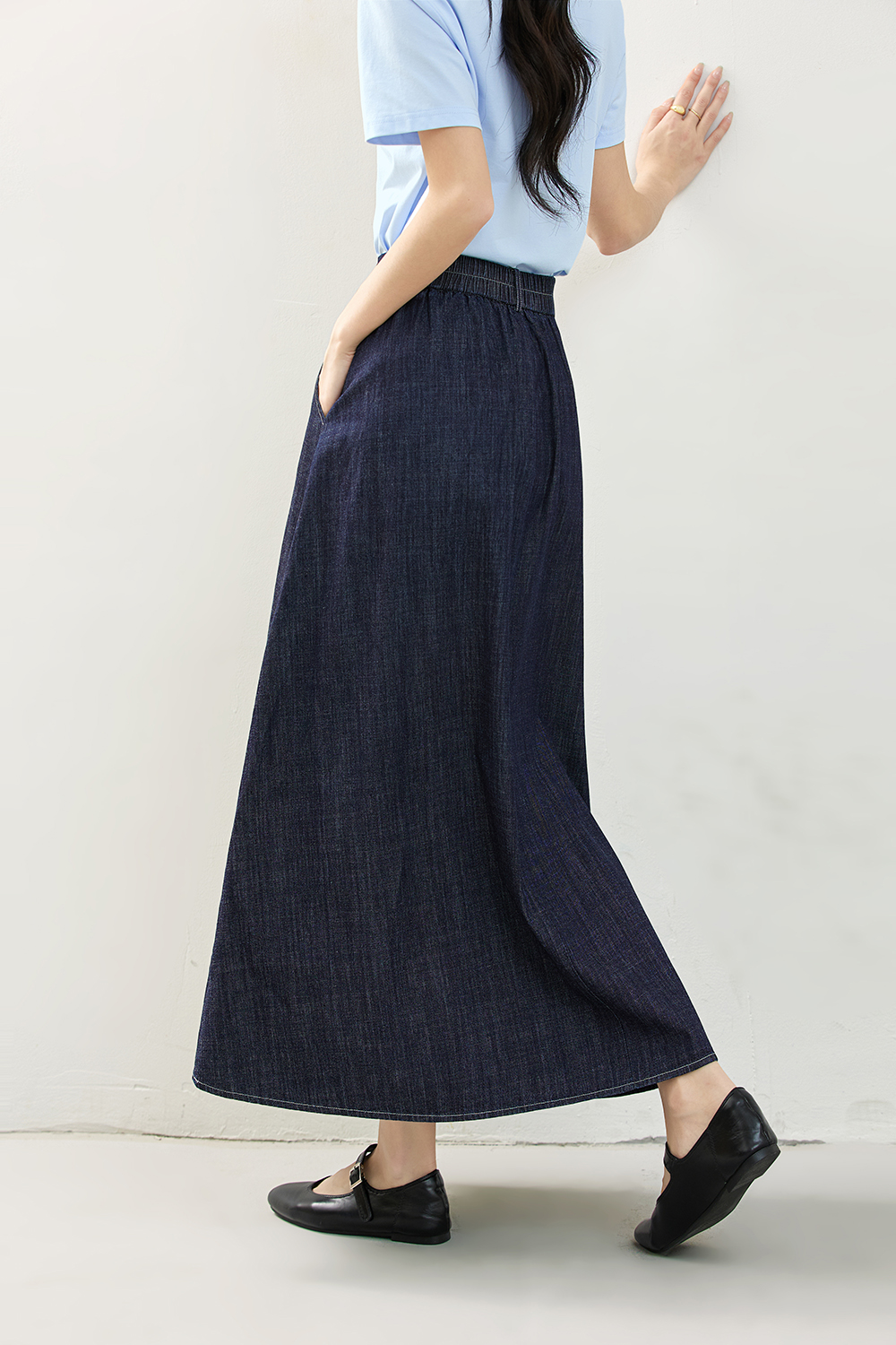 Denim A-Line Skirt with Contour Waistband-VIMLYSTORE