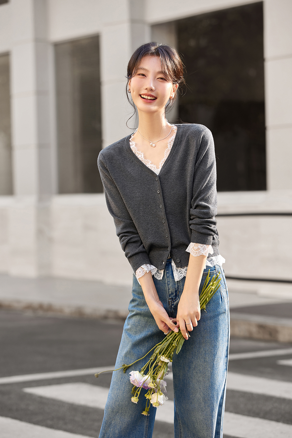 Lace-Paneled V-Neck Cardigan Wrap-VIMLYSTORE