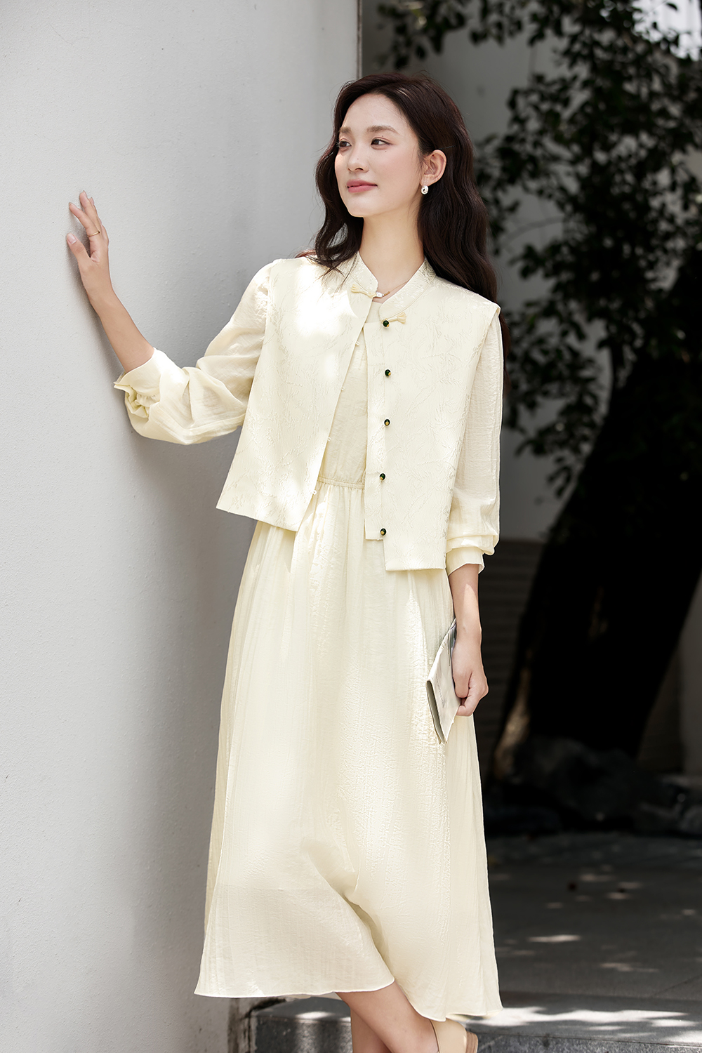 New Chinese Style Elegant Jacquard Vest and Round Neck Long Dress Two-Piece Set-VIMLYSTORE