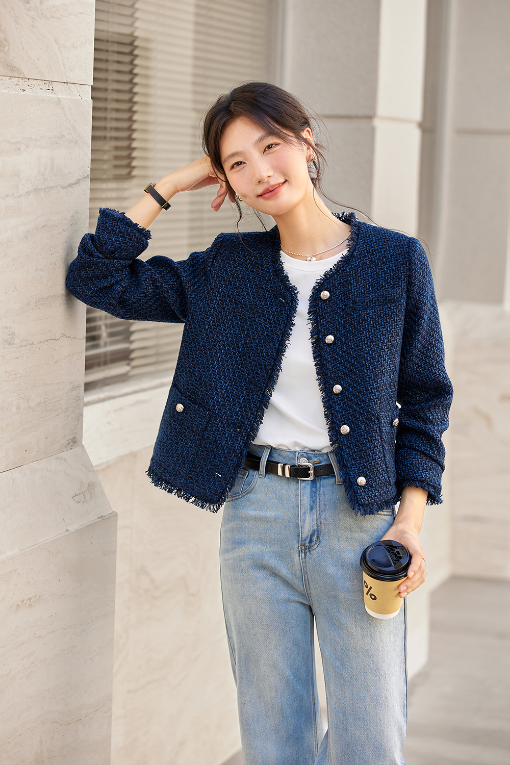 Navy Short Raw Edge Design Round Neck CN style Jacket-VIMLYSTORE