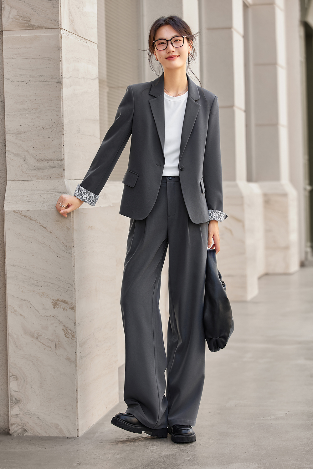 Commute Lapel Top with Wide-Leg Trousers Suit Set-VIMLYSTORE