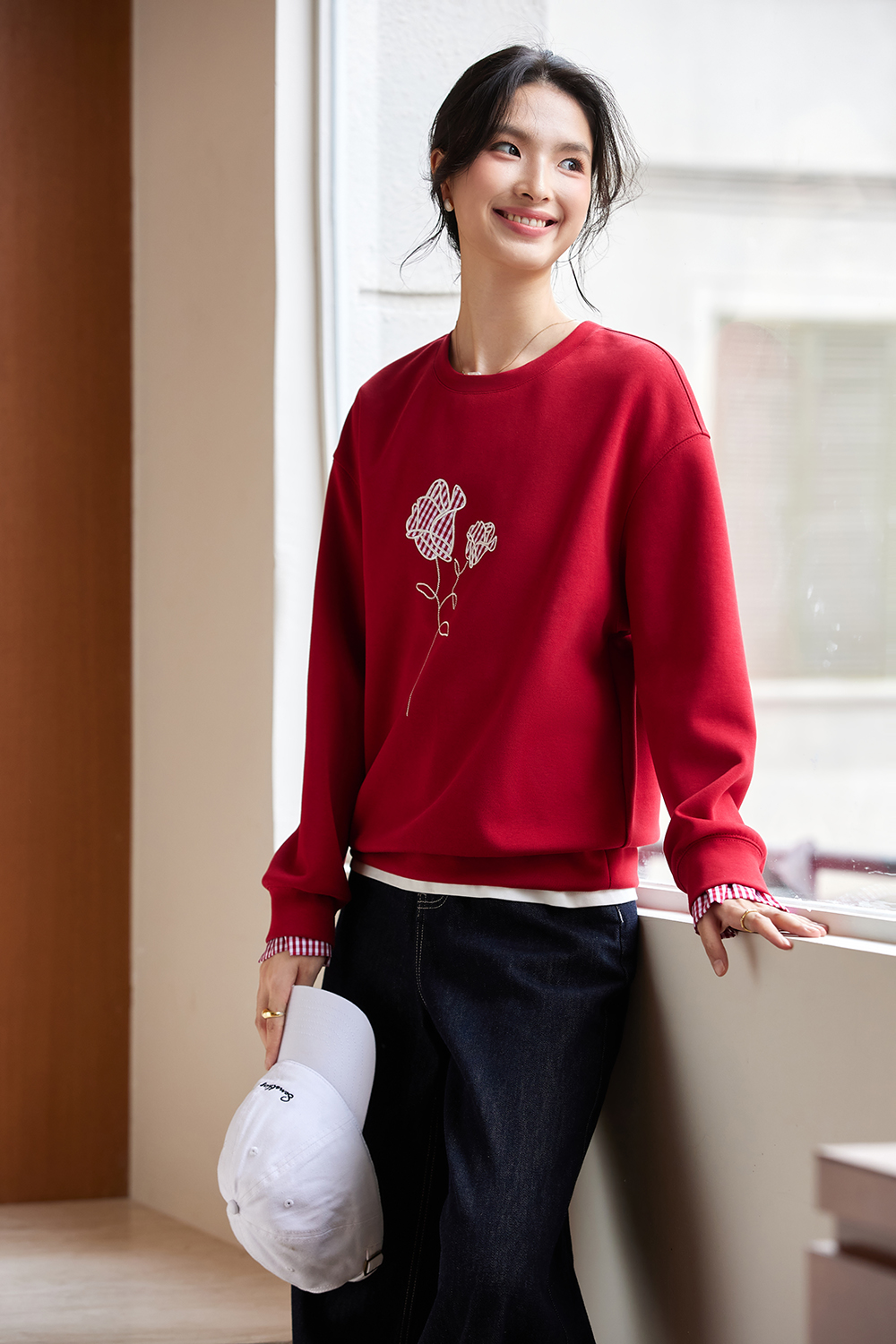 Elegant Round Neck Rose Embroidered Long Sleeve Sweatshirt-VIMLYSTORE