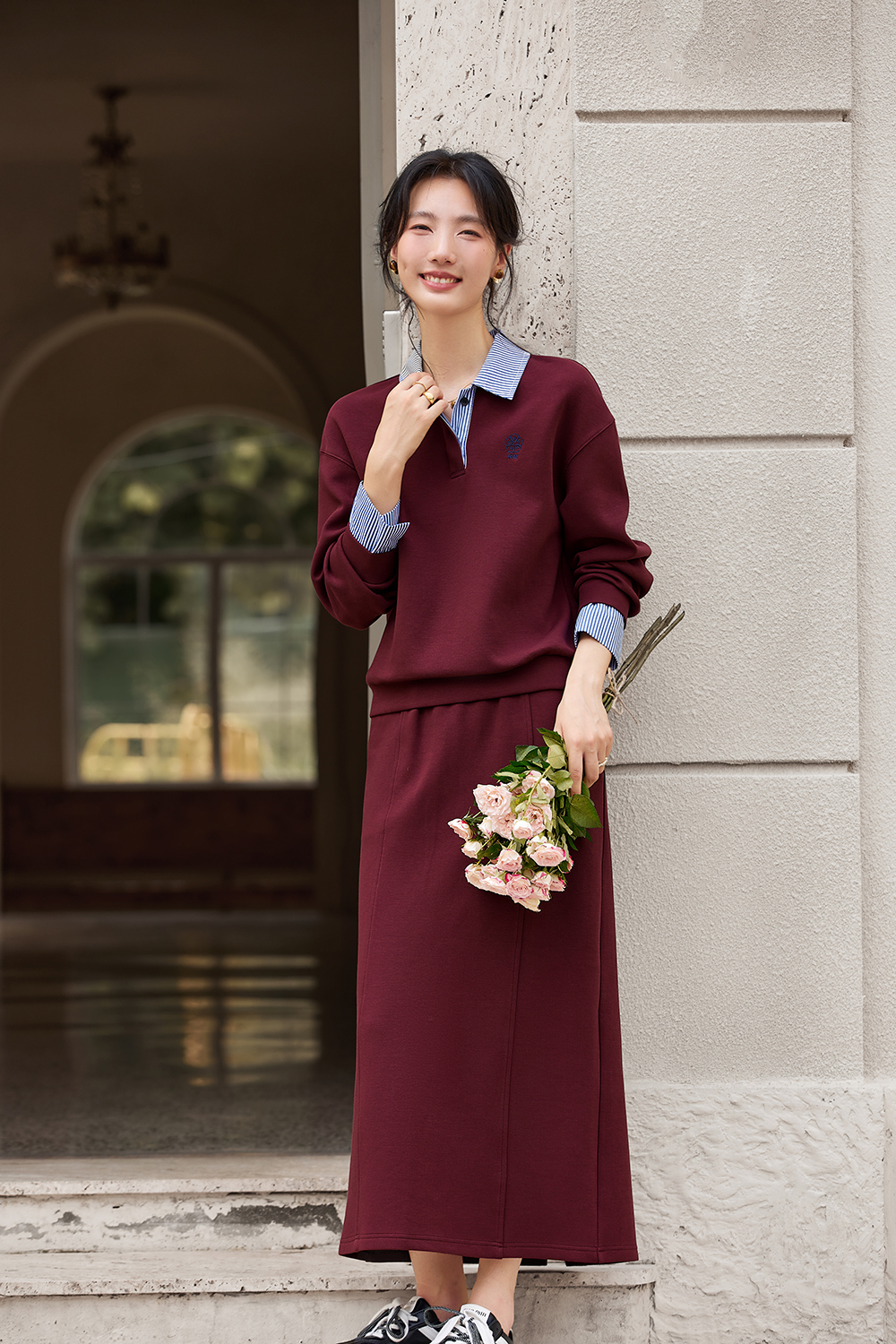 Preppy Style Lapel Color-Block Top with Slit Long Skirt Two-Piece Set-VIMLYSTORE