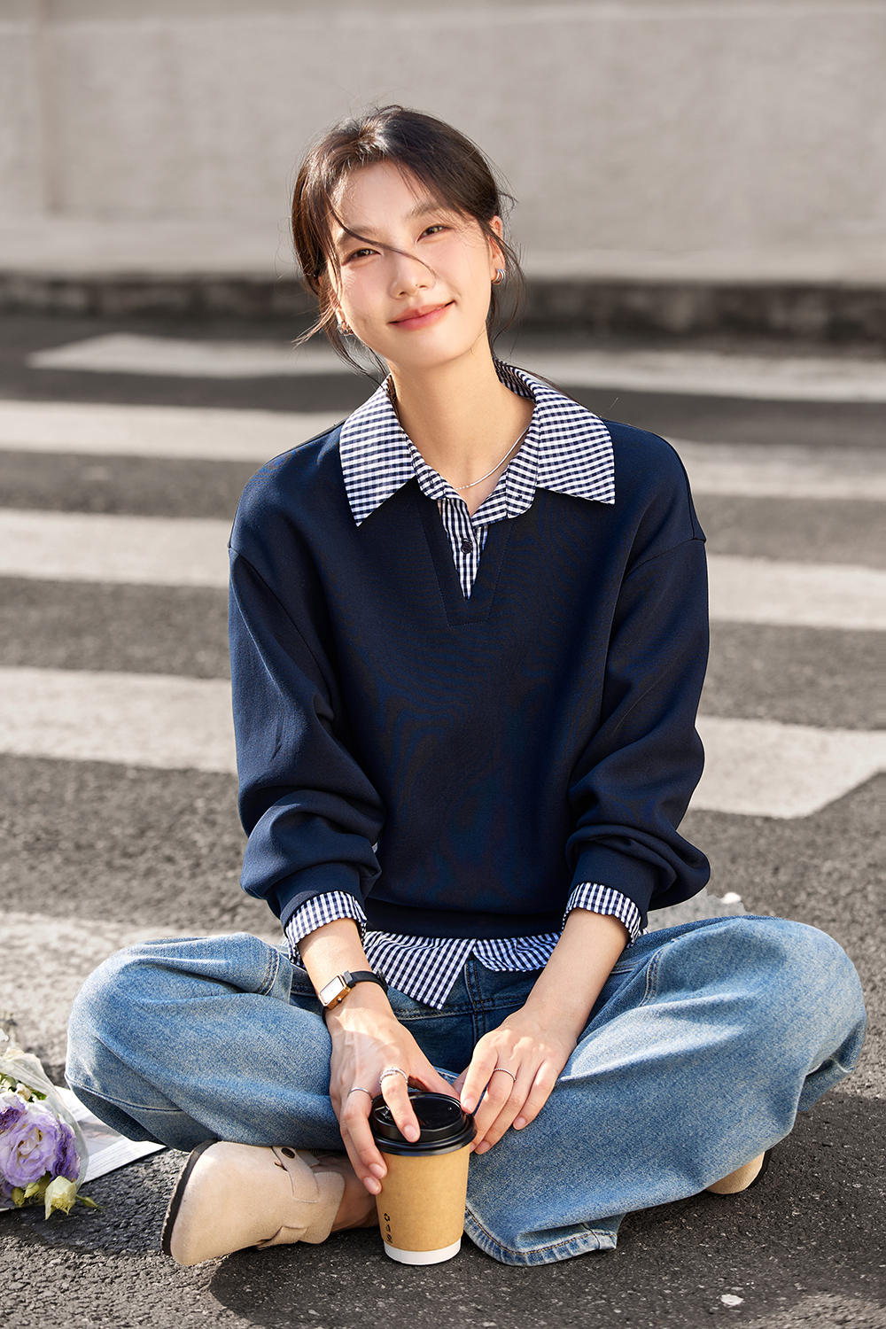 Design-Forward Slimming Preppy Style Lapel Fake Two-Piece Sweatshirt-VIMLYSTORE