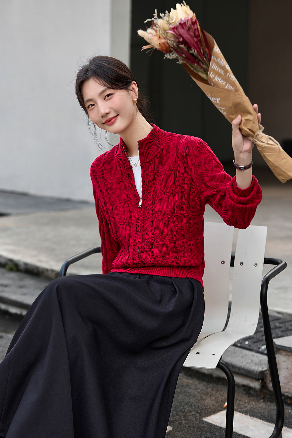 Twisted Cable Stand Neck Zipper Knit Cardigan-VIMLYSTORE