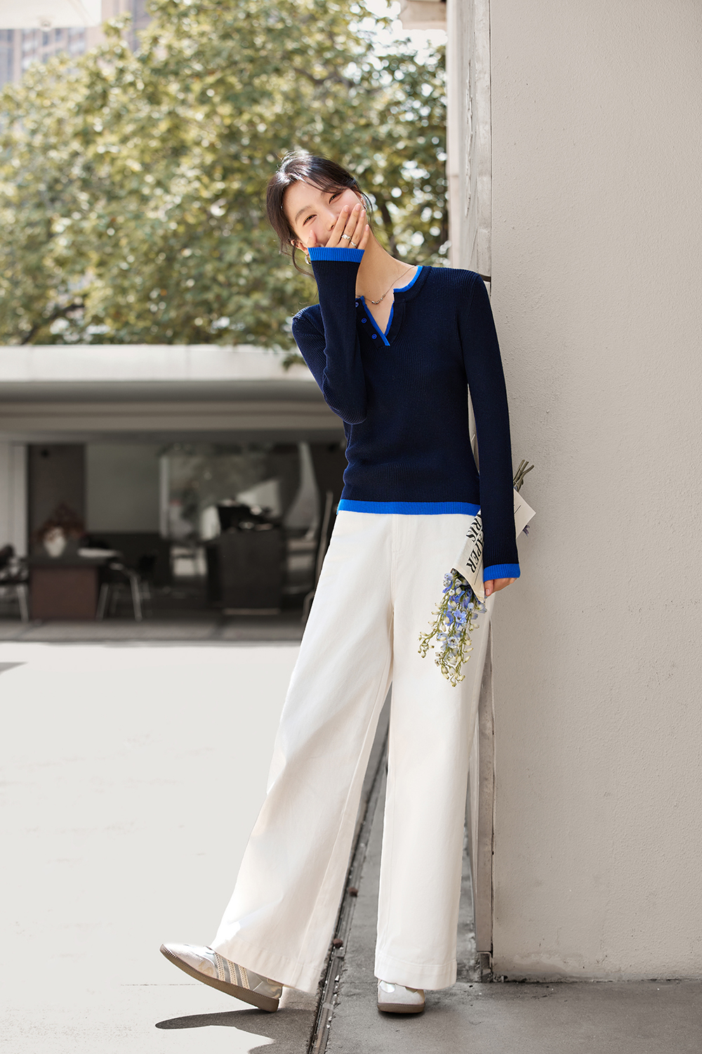 Color-Block Fake Two-Piece Round Neck Fitted Slimming Versatile Knit Top-VIMLYSTORE