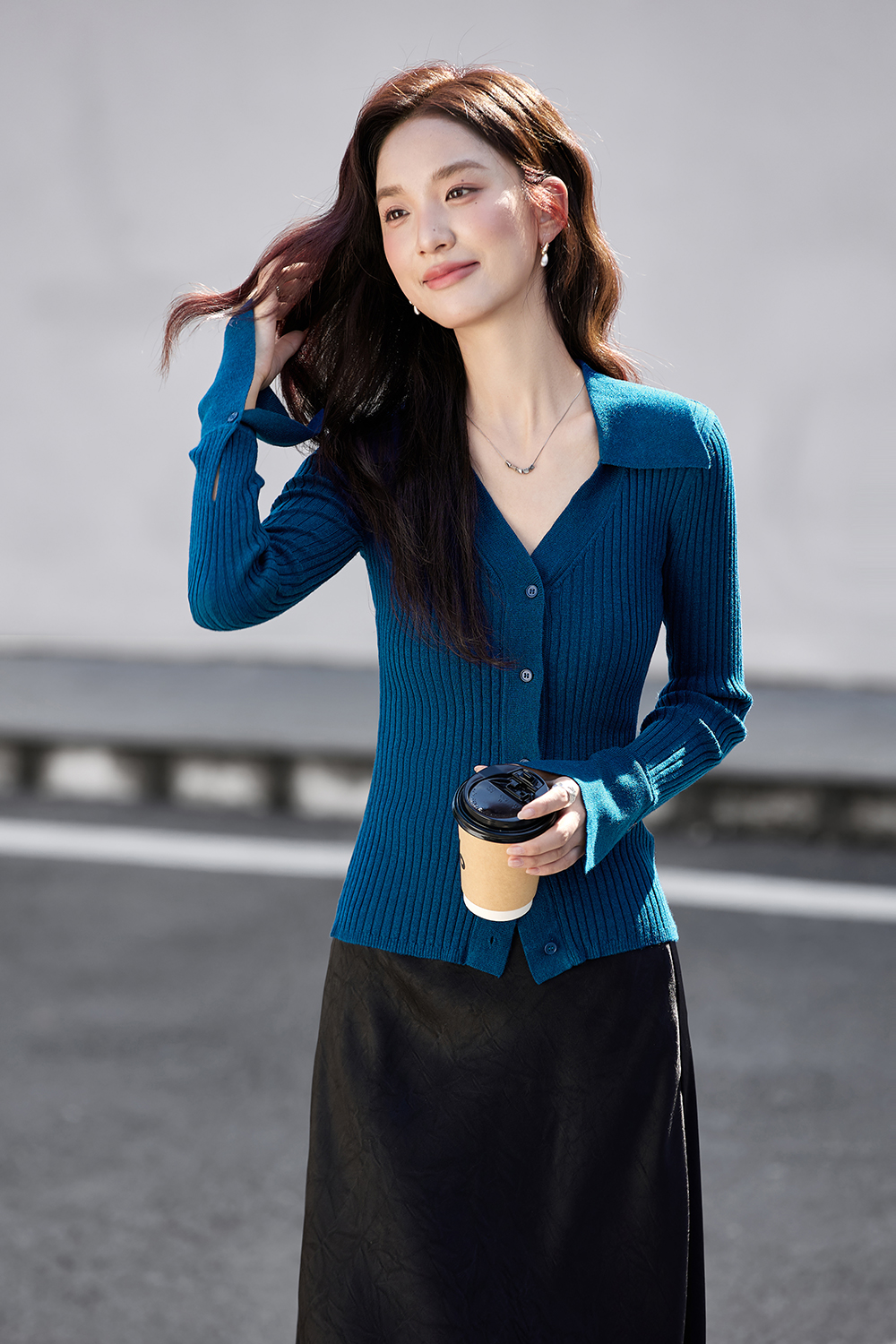 Minimalist Slimming Fitted Ribbed Fold-Over V-Neck Knit Cardigan-VIMLYSTORE