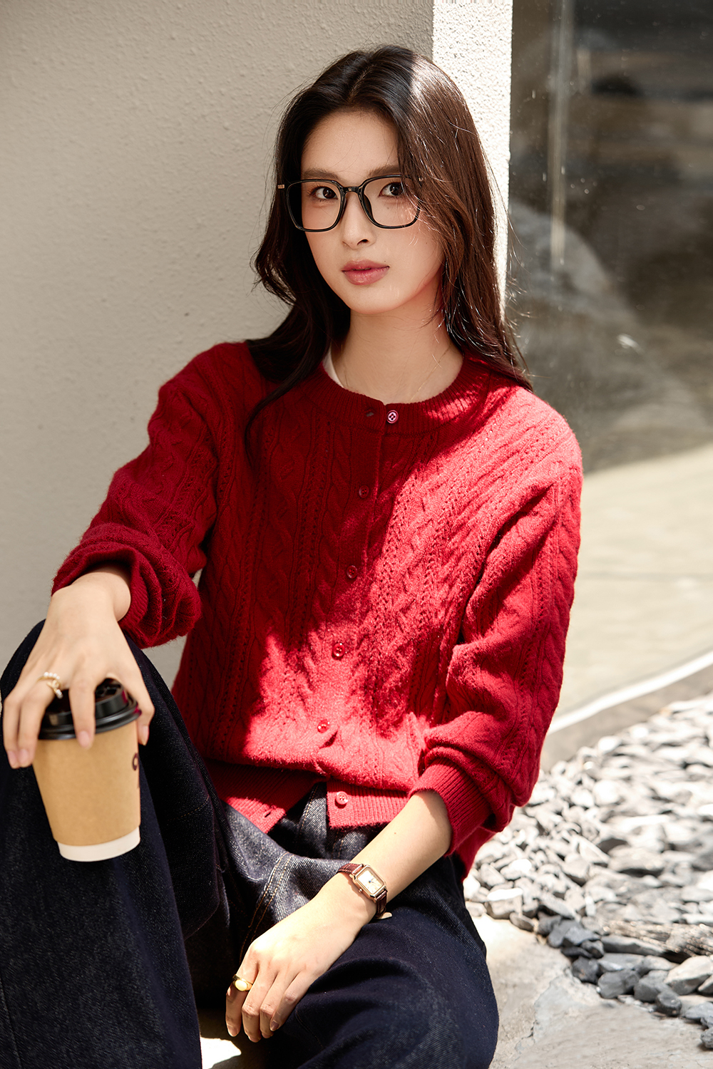 Red Cable-Knit Loose Wool Blend Round Neck Knit Sweater-VIMLYSTORE