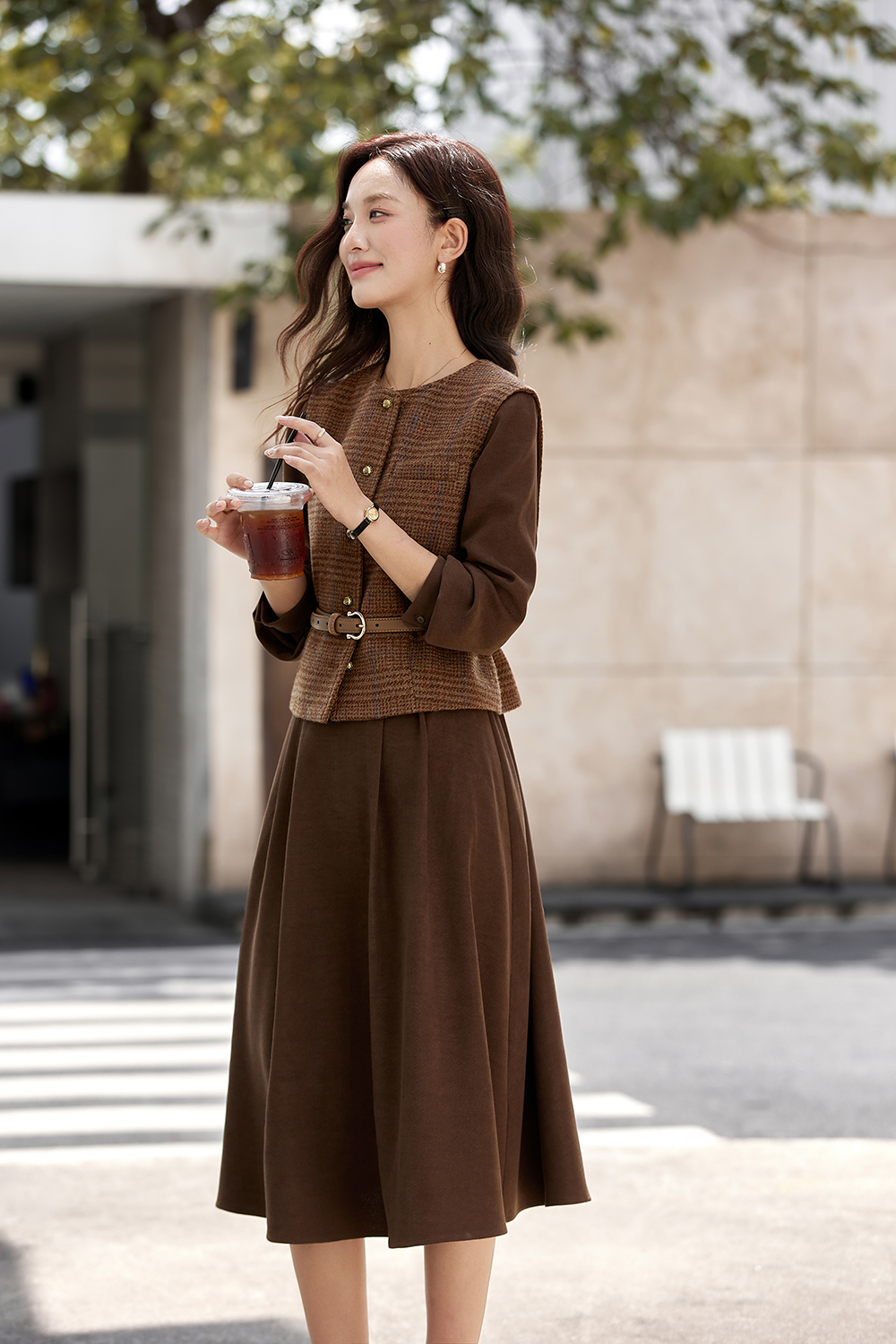 Brown Elegant Round Neck Vest with Long Dress Set-VIMLYSTORE