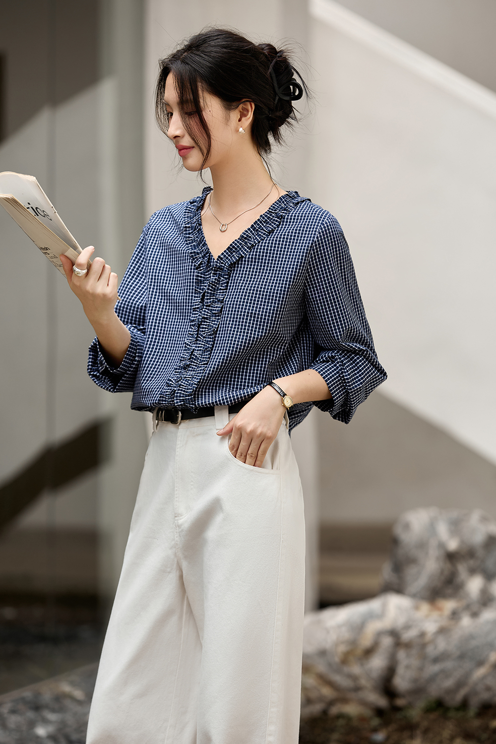 Navy Blue Ruffled Collar Pure Cotton Lapel Long Sleeve Plaid Shirt-VIMLYSTORE